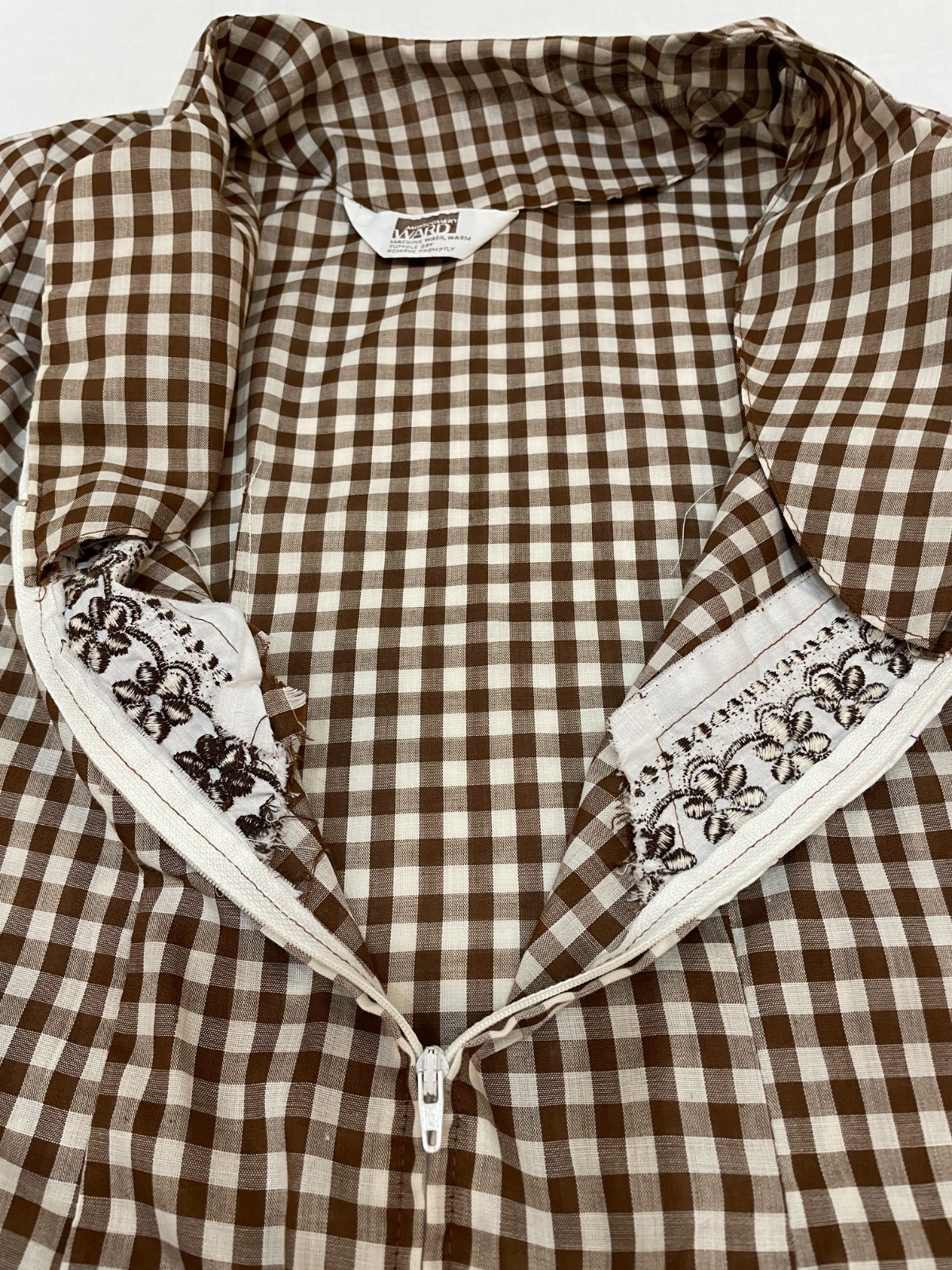 Vintage Brown White Gingham Dress Zip Up Embroidery Rockabilly Granny Core