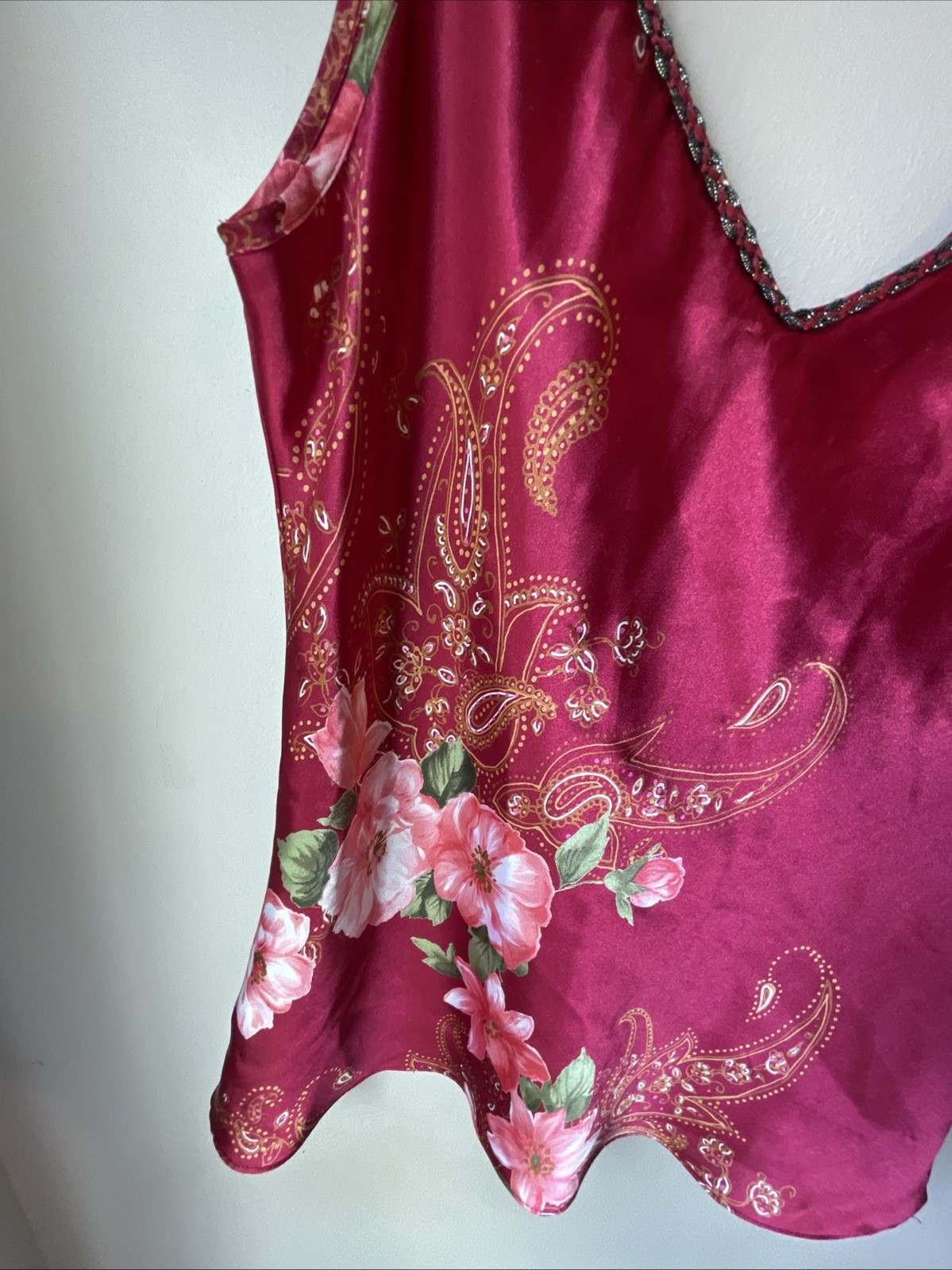 Vintage California Dynasty Polyester Satin M Floral Camisole Cami Tank USA 1980s