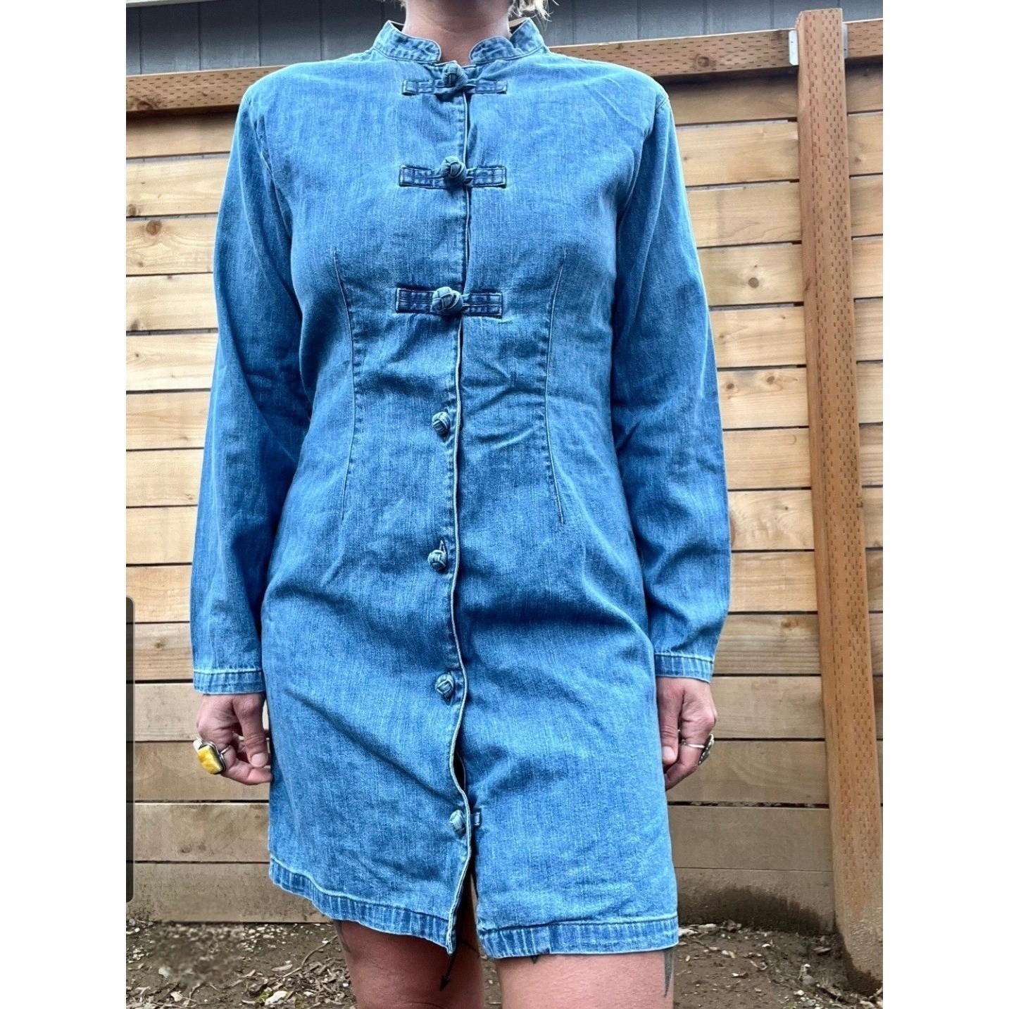 Guess Oriental Denim Dress Womens 9 Blue Mandarin Collar Frog Button Indigo VTG