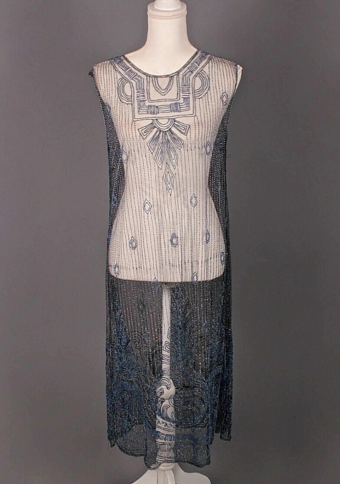 VTG Women&rsquo;s 20s Mesh Blue Beaded Drop Waist Flapper Dress Sz s 1920s Art Deco