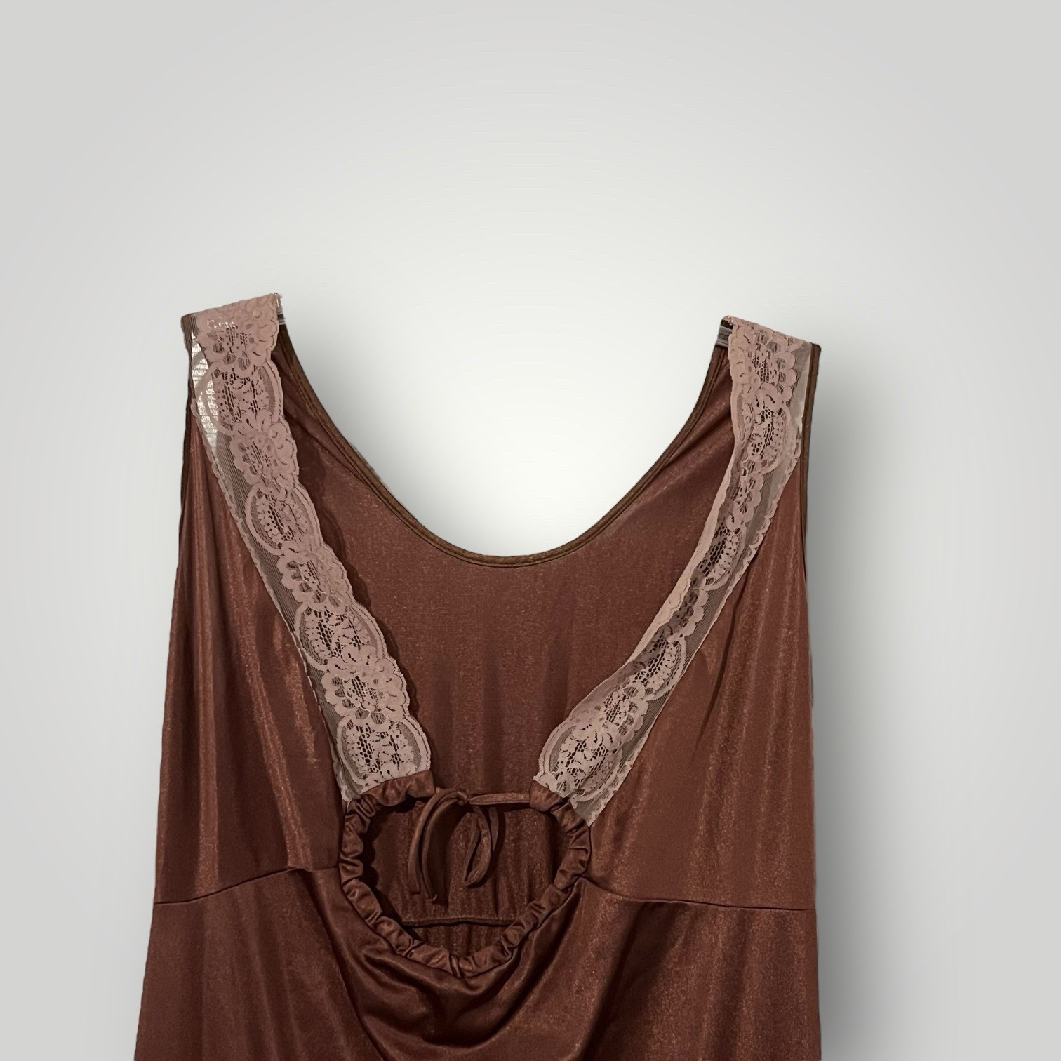 Texsheen Vintage Full Length V-Neck Brown Sleeveless Nylon Womens L Nightgown
