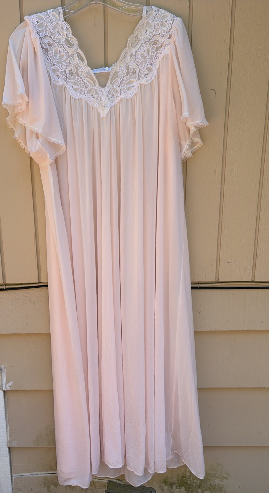 Miss Elaine Silky Nylon Nightgown XL Pink with White Lace Vtg 60-70s Lingerie