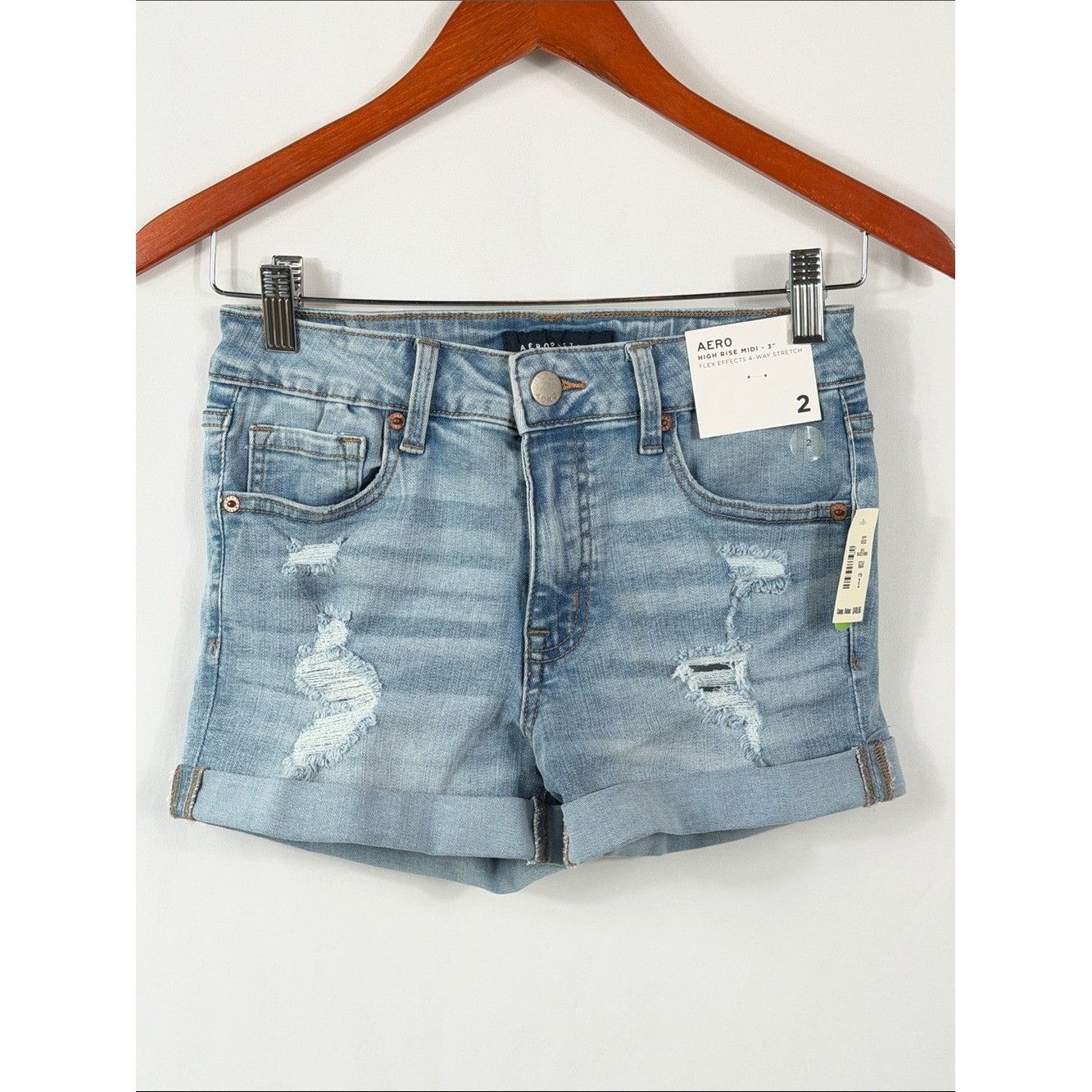 Aeropostale High Rise MIDI Cuffed Distressed Denim Shorts. Womens Size 2. NWT