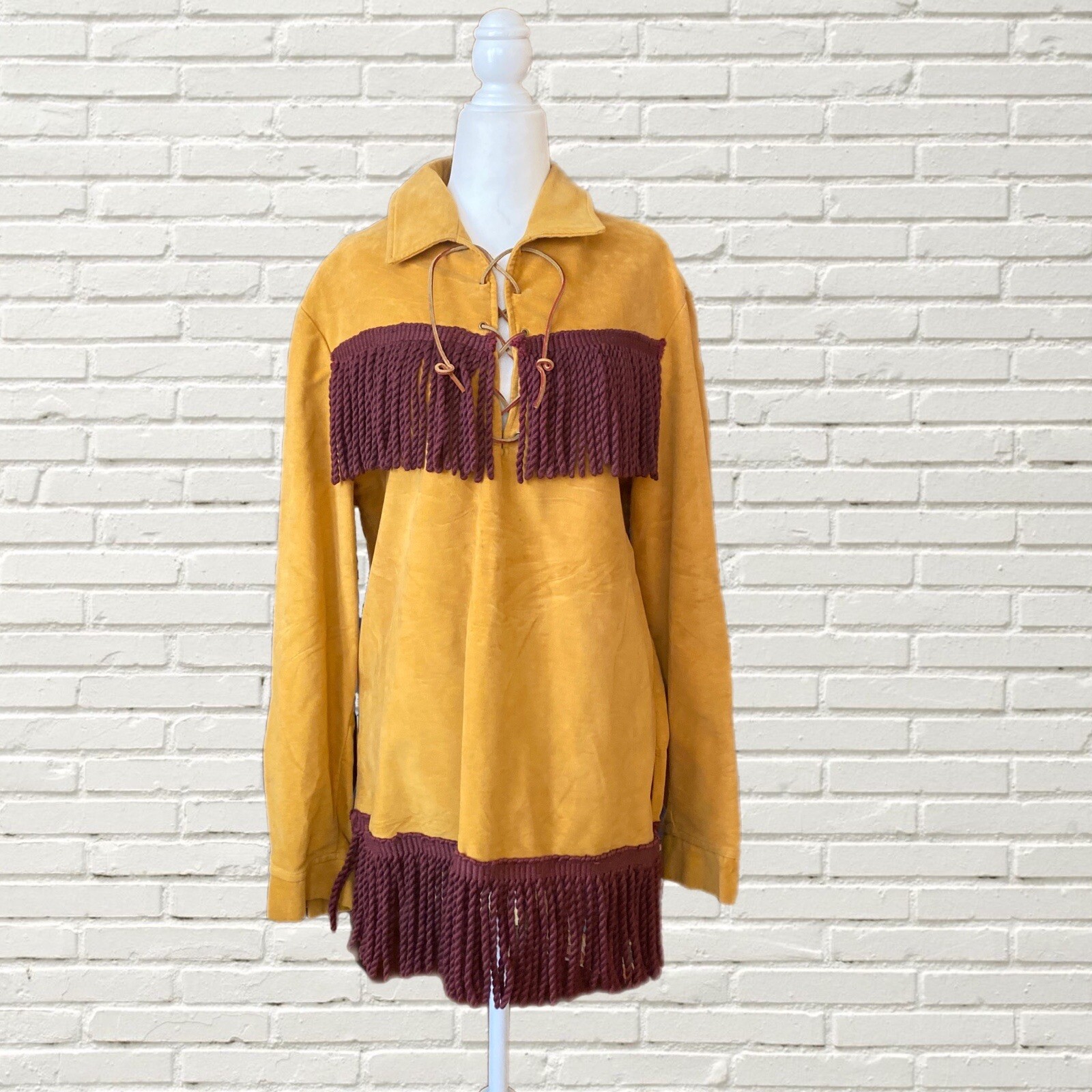 Vintage 70s Velvet Fringe Shirt – Yellow Brown Tassel Fringe Western Boho