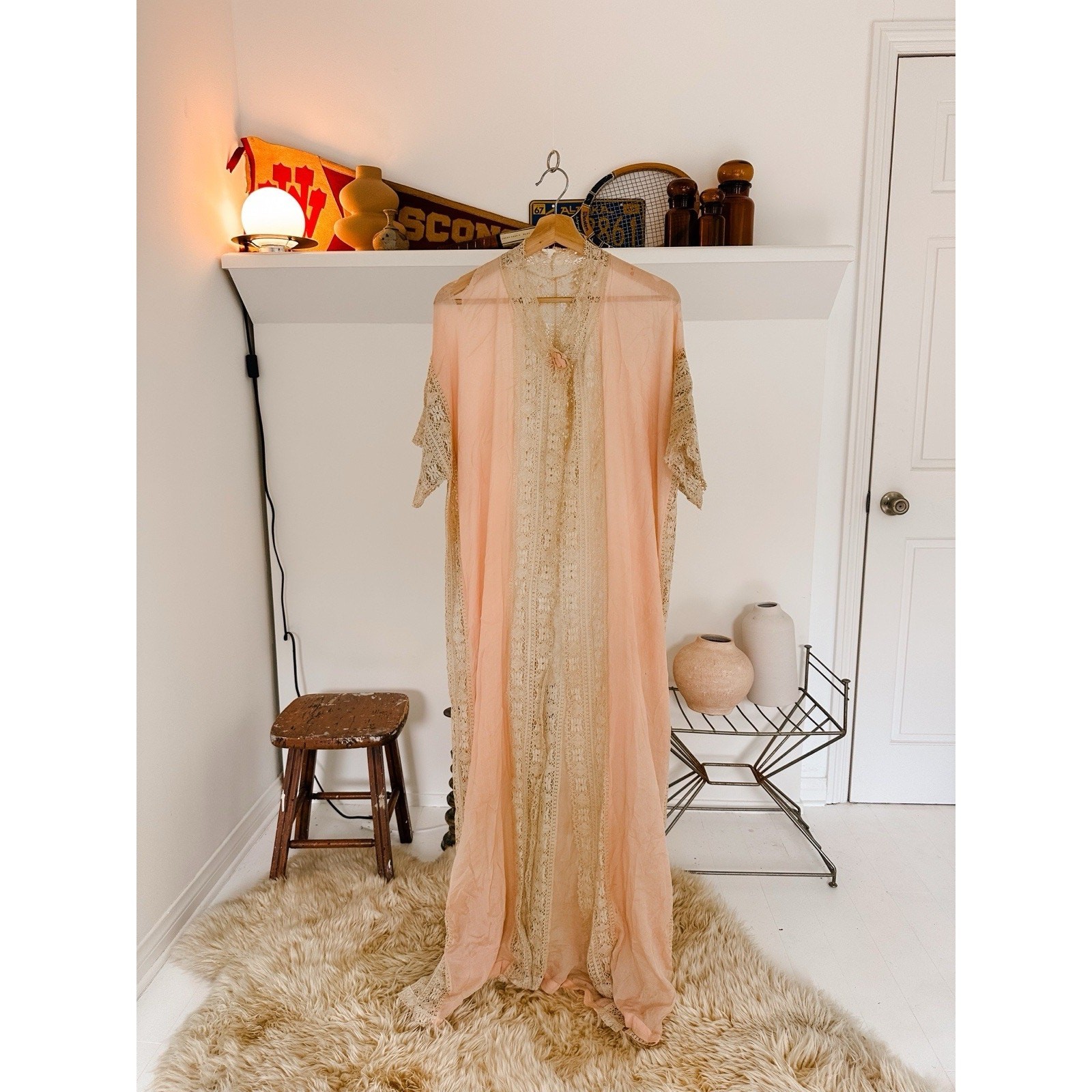 1930s Vintage Sheer Lace Boudoir Peignoir Gown Romantic Robe READ