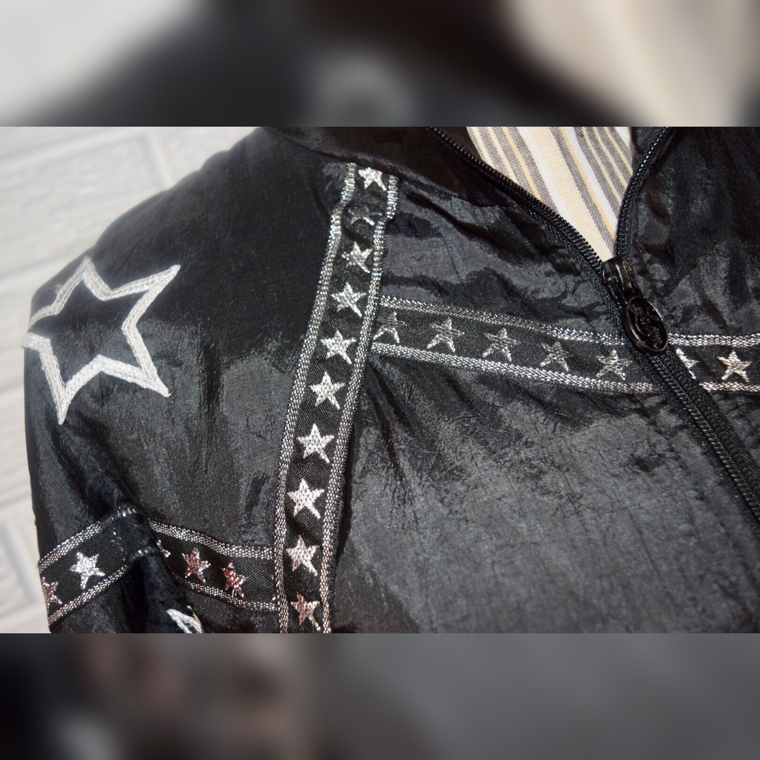 Vintage Lavon By Cheerful Corp Lightweight Black Jacket Silver Star Pattern Sz M
