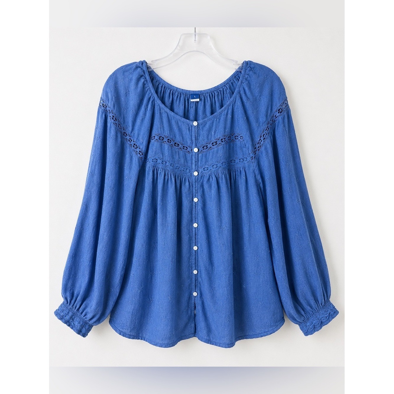 Old Navy Blue Embroidered Boho Peasant Blouse Lace Button Front Women&rsquo;s Large