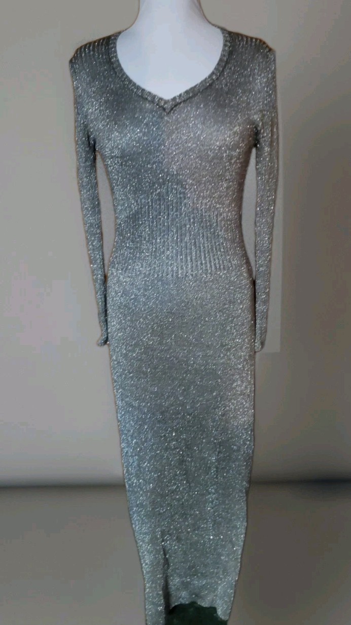 Vint 70&rsquo;s Studio 54 SILVERY METALLIC LUREX Knit V NECK Maxi Dress M HONG KONG