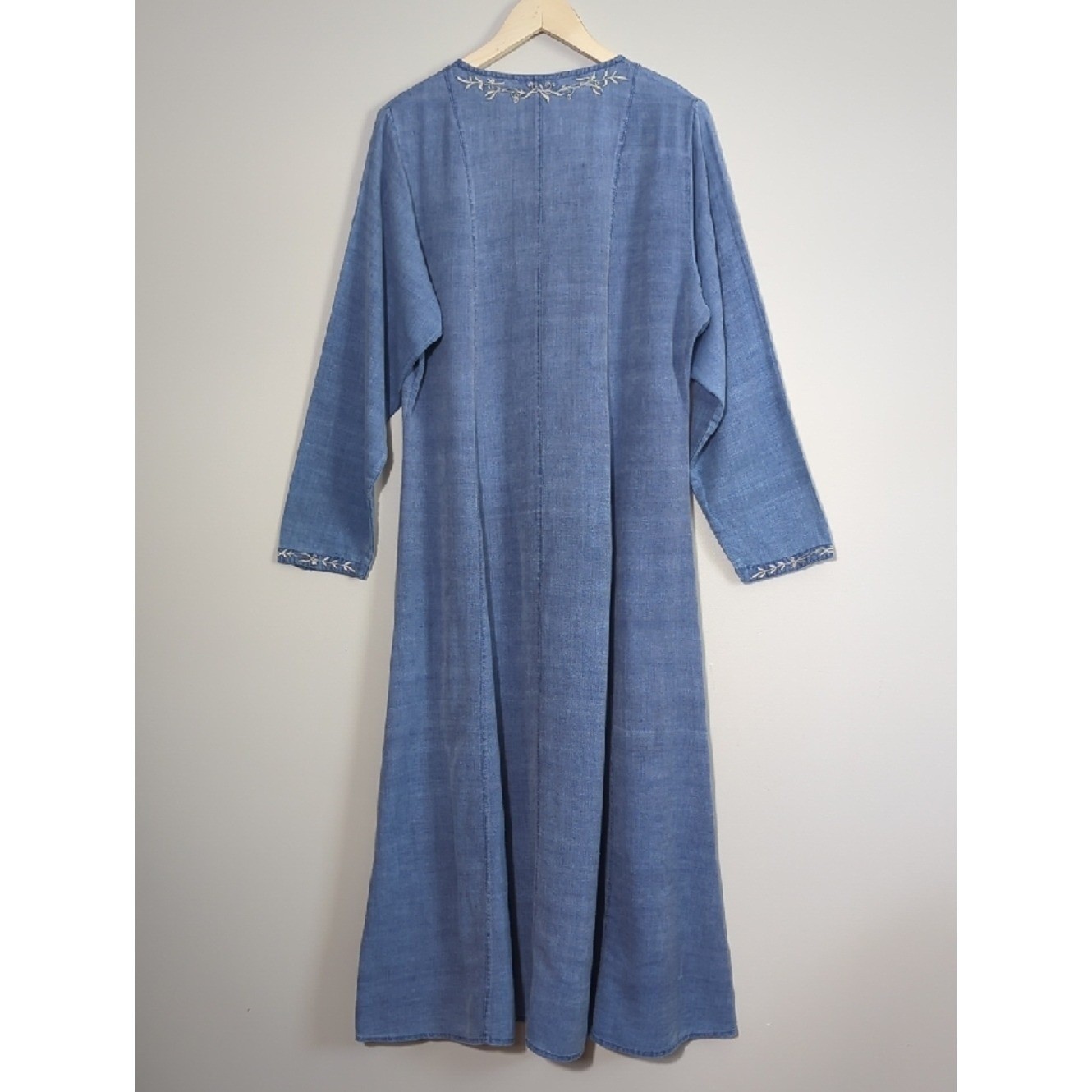 Vtg 90s April Cornell Chambray Blue Button Front Midi Dress Cottage Modest Boho