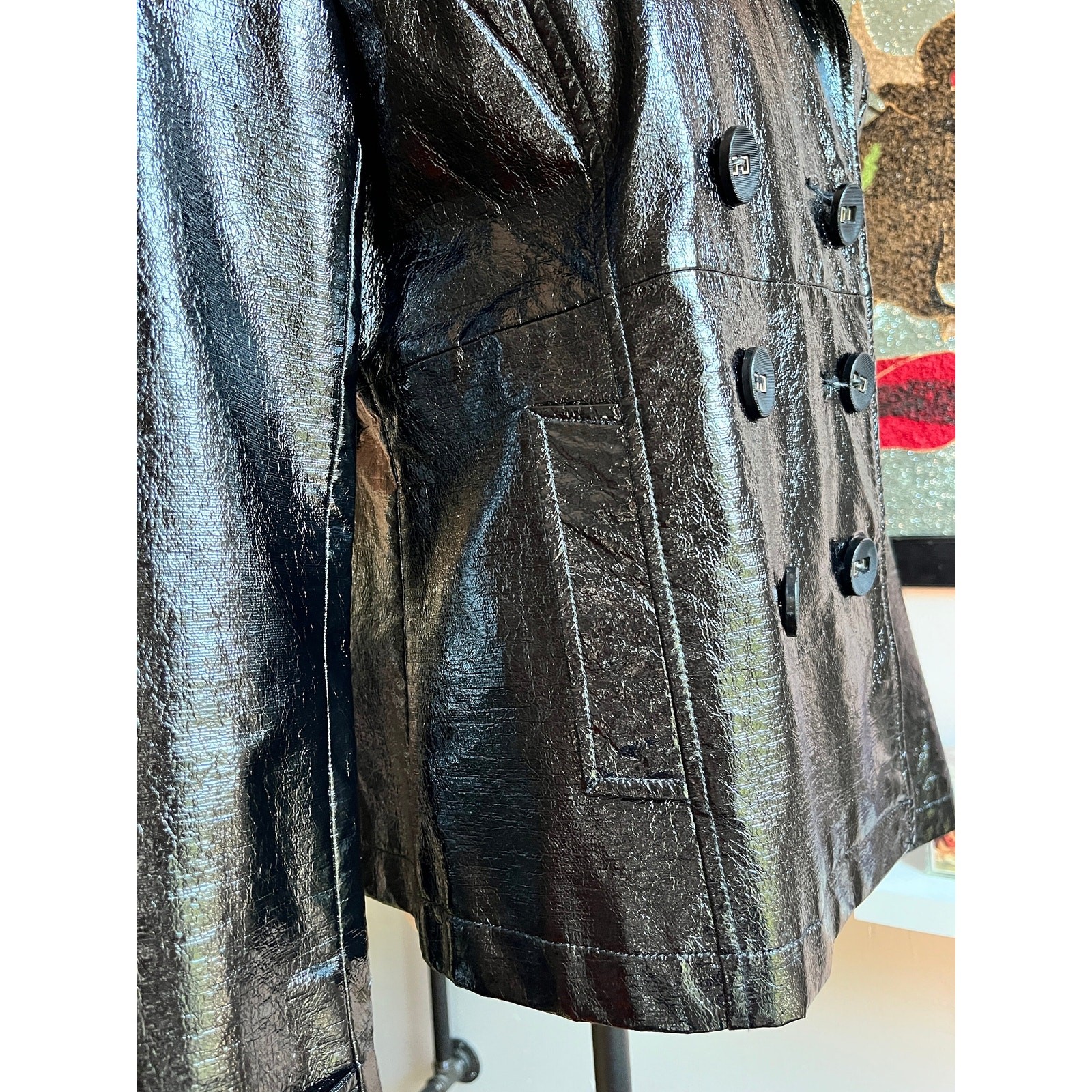 Vintage Y2K Black Vinyl Jacket | Double Breasted Moto | Cropped Tailored Fit | S