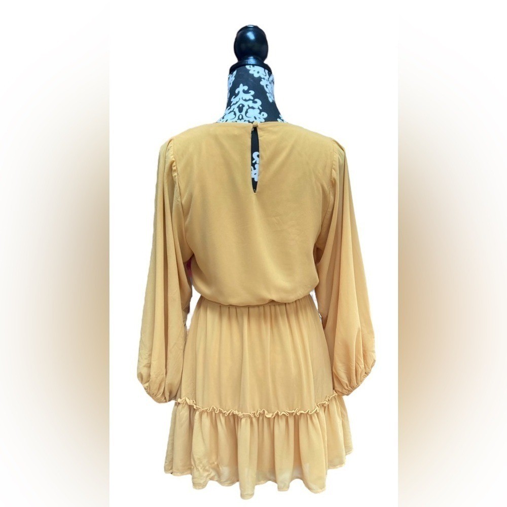 Flying Tomato Mustard Yellow Mini Dress XS Boho Long Sleeve Tiered Hem Belted