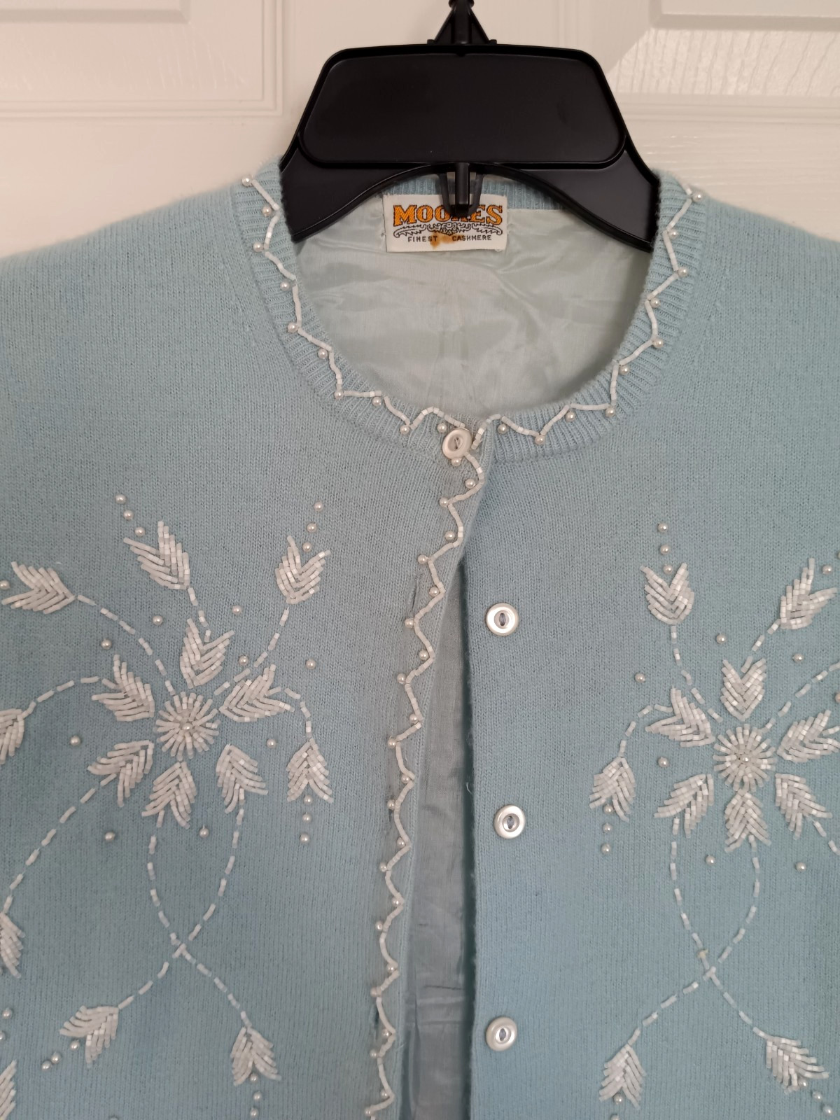 Vintage Moores Cashmere Cardigan Beaded Embroidered Powder Blue Pearl Trim Sweat