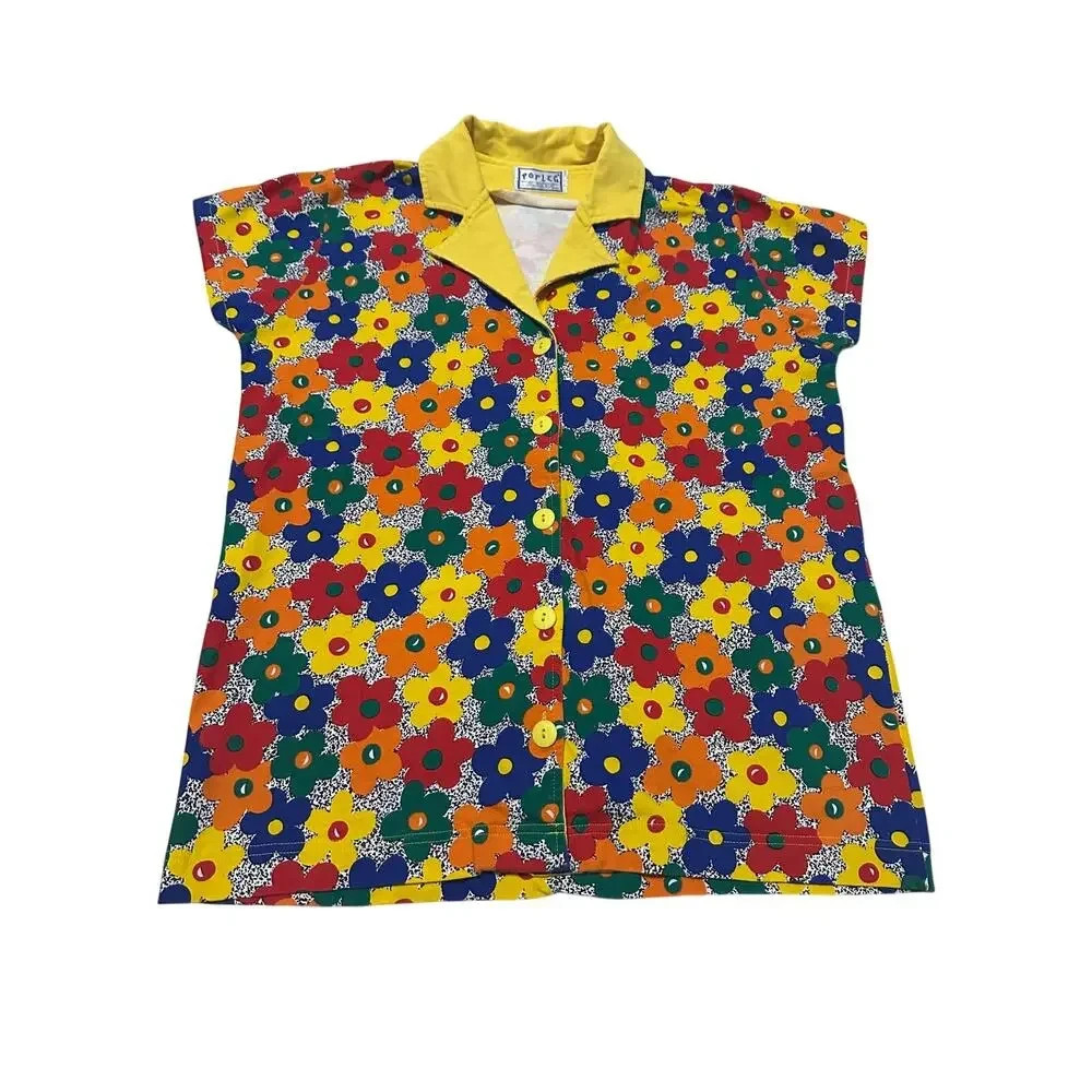 Vintage POPLEG Button Up Shirt Womens Medium Yellow Collar Groovy Daisy 80s 90s