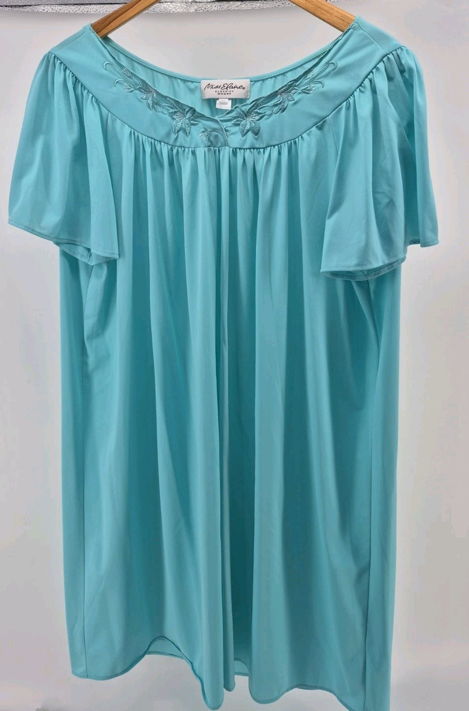 VTG Miss Elaine Nylon Tricot Silky Soft Nightgown-Sz 1X Teal Blue Embroidered