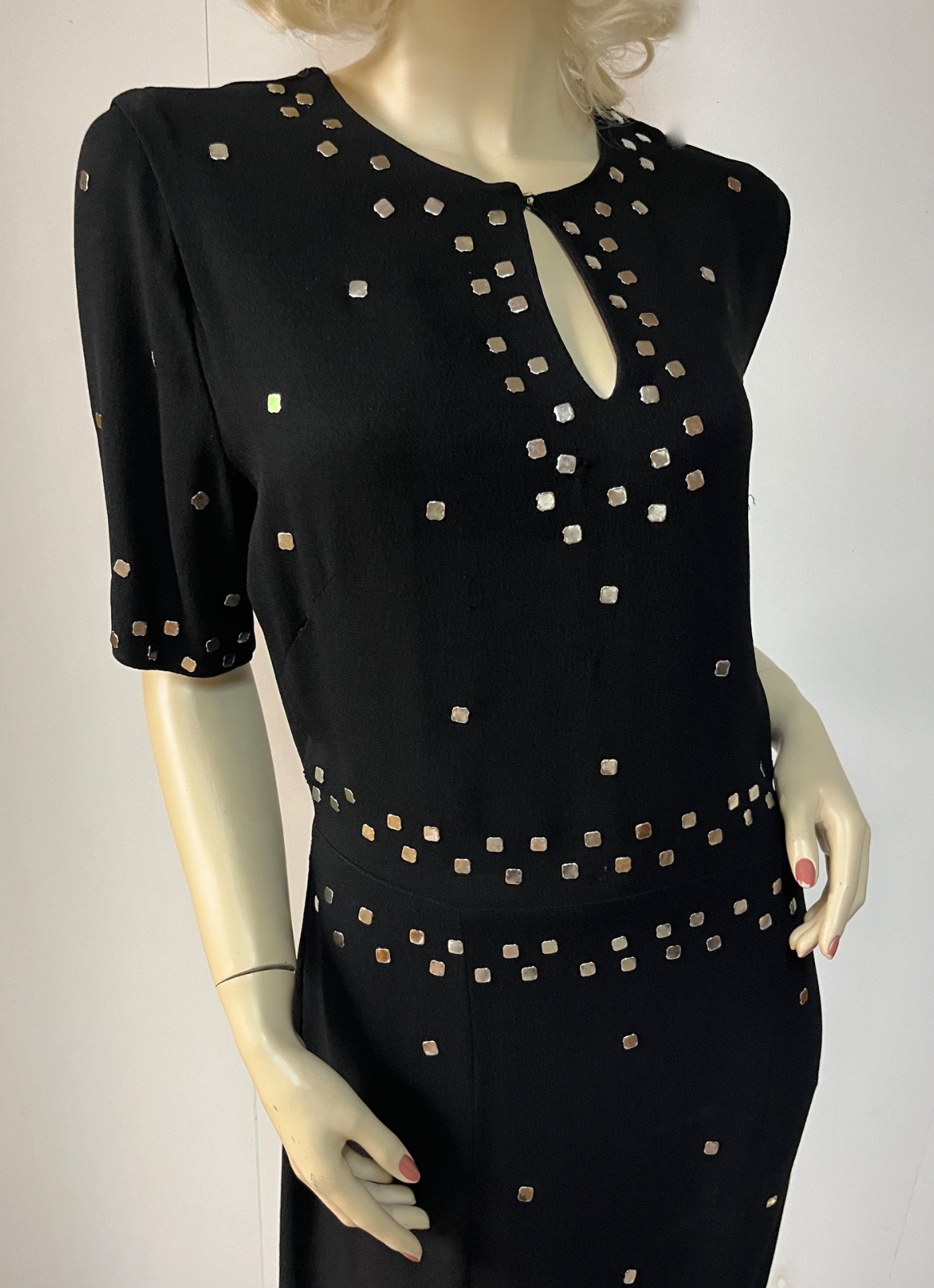 Stunning Prong Set Studded Vintage 1940s Black Rayon Mid Calf Dress Bust 38-39