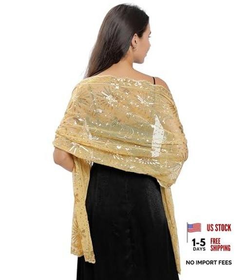 Women shawls and wraps for evening dresses, Sequin Sheer Lace Champagne Gold