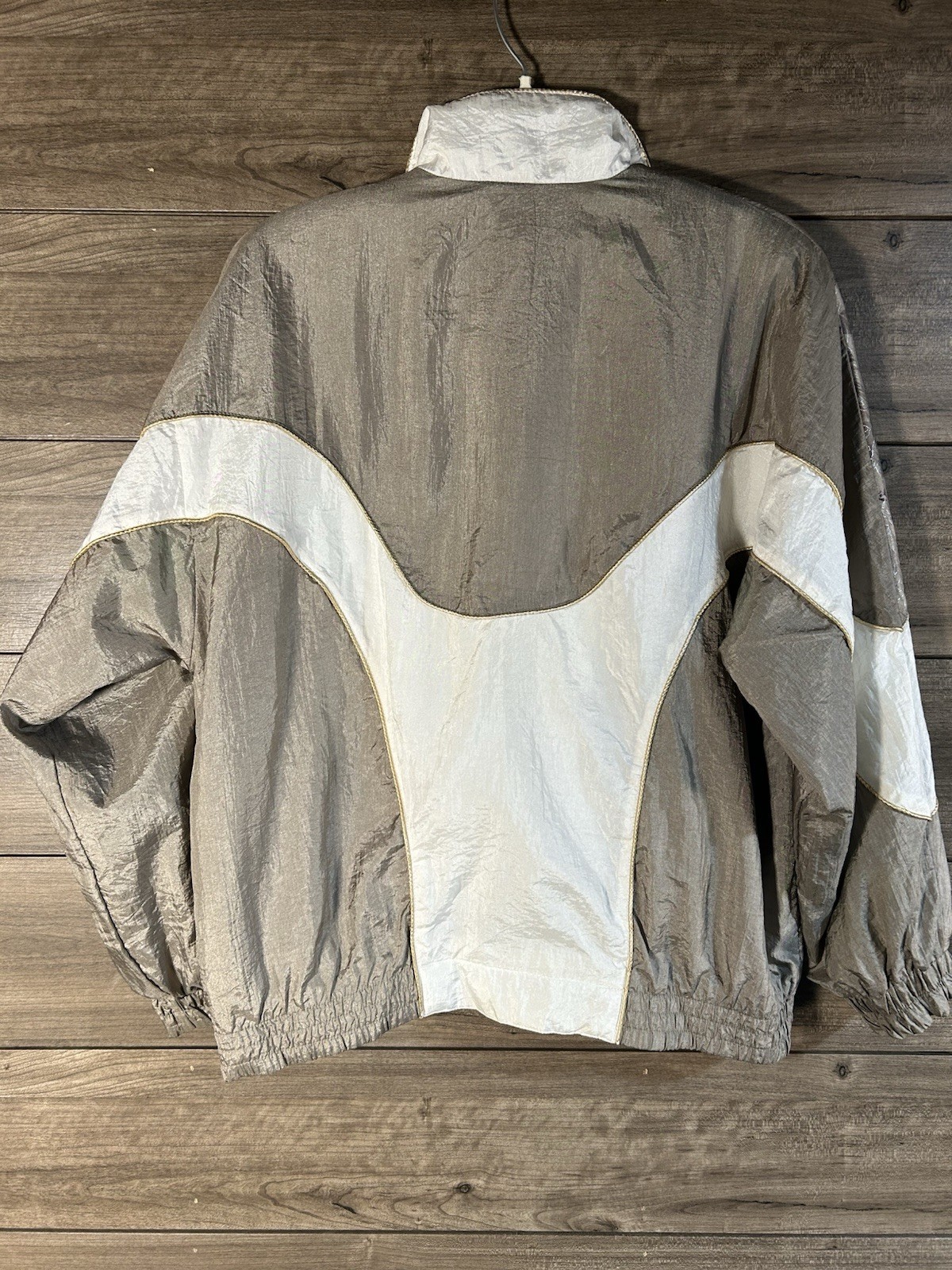 1980s-90s Windbreaker/Track Jacket VShaped ColorBlock GoldTone Leaf Accent Large