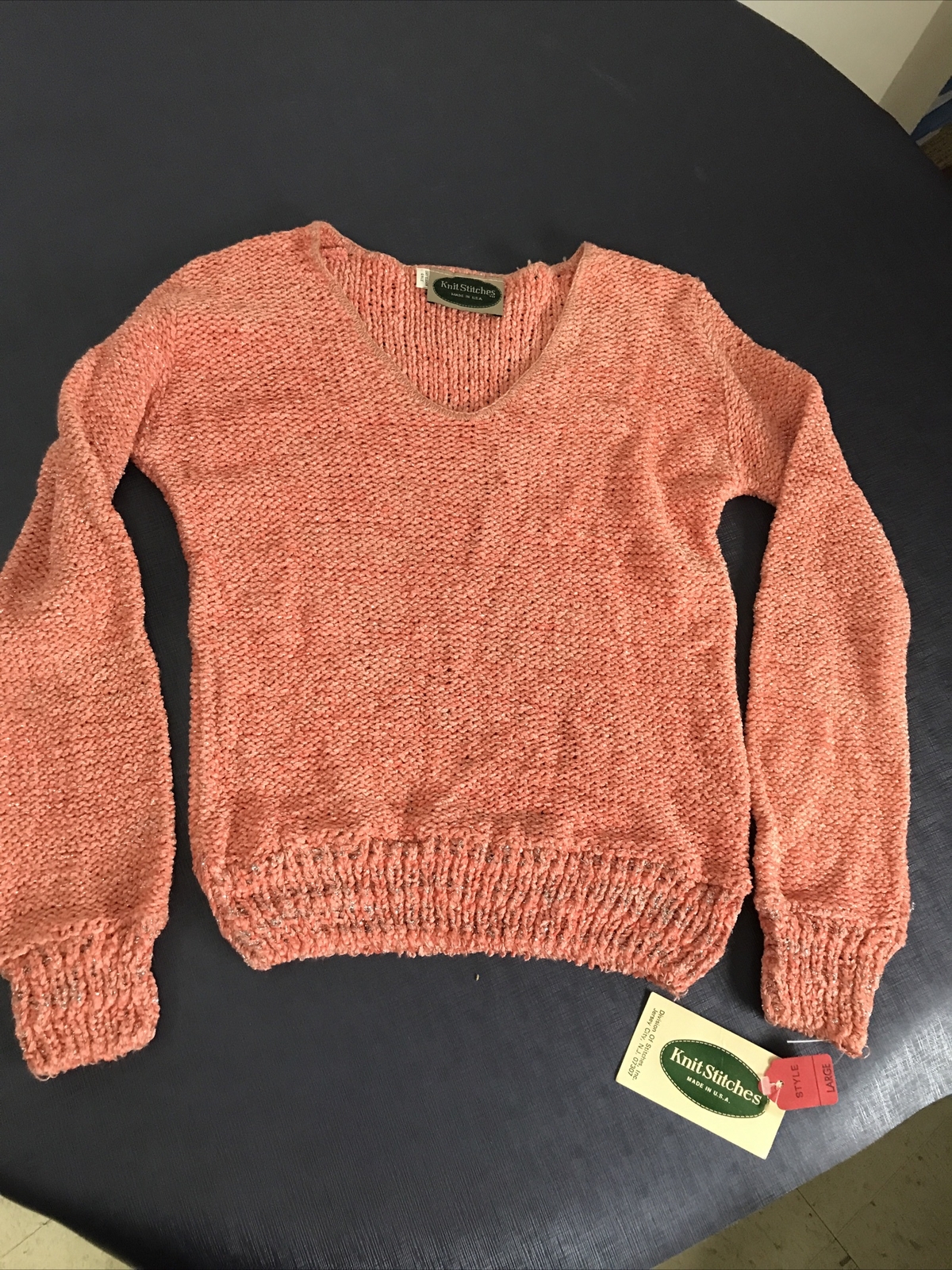 Vintage 1980s Chenille Knit Pullover Sweater V Neck Peach New Junior S