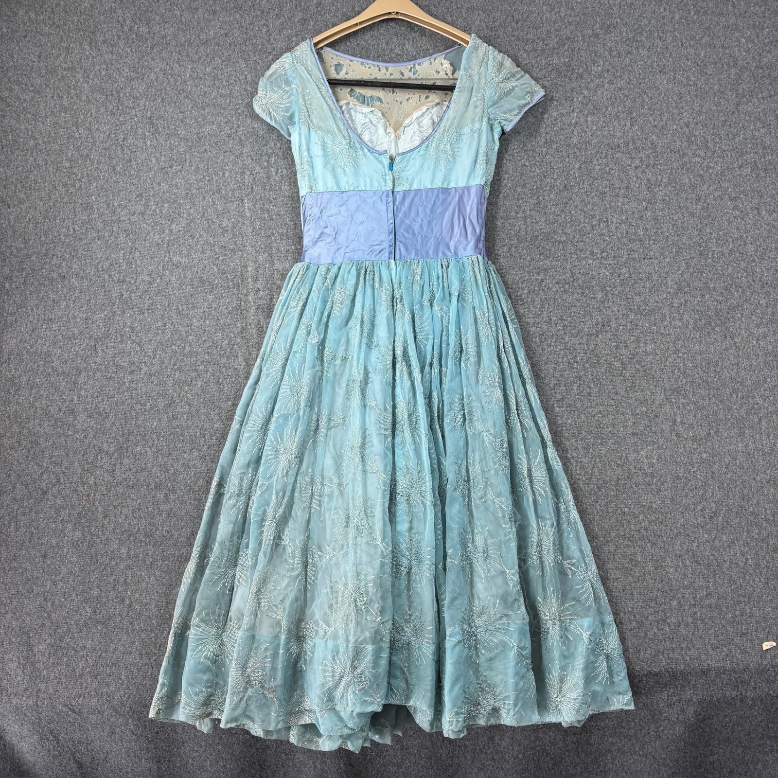 Vintage 50s Blue Silver Embroidered Organza Tea Party Dress Lavender Waist