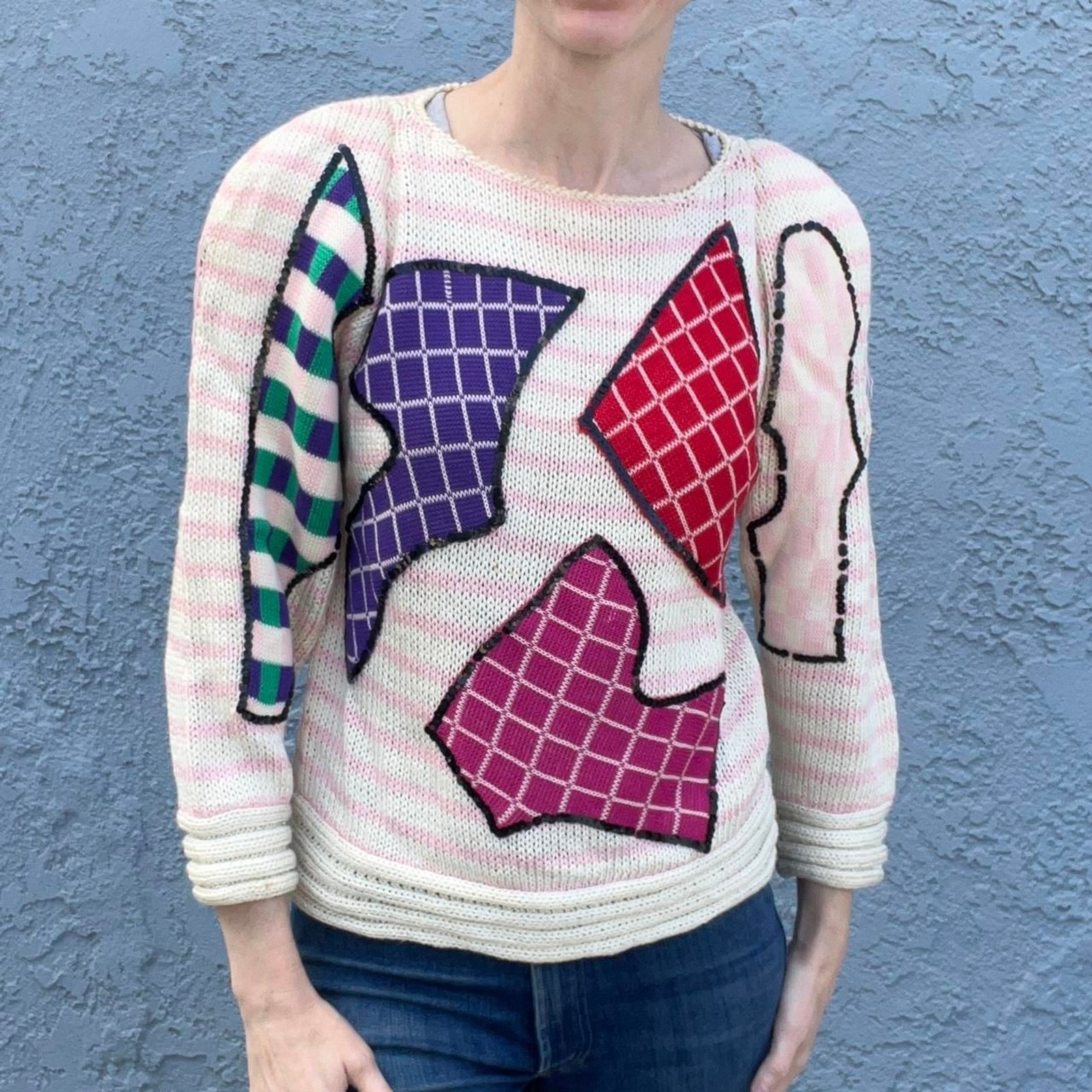 80s Sweater Abstract Funky Print puff sleeves Size Small