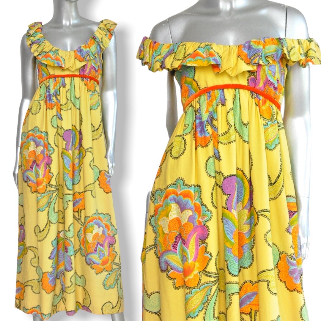 Vintage Floral Print Empire Waist Maxi Dress by Splendiferous New York Boho 70s