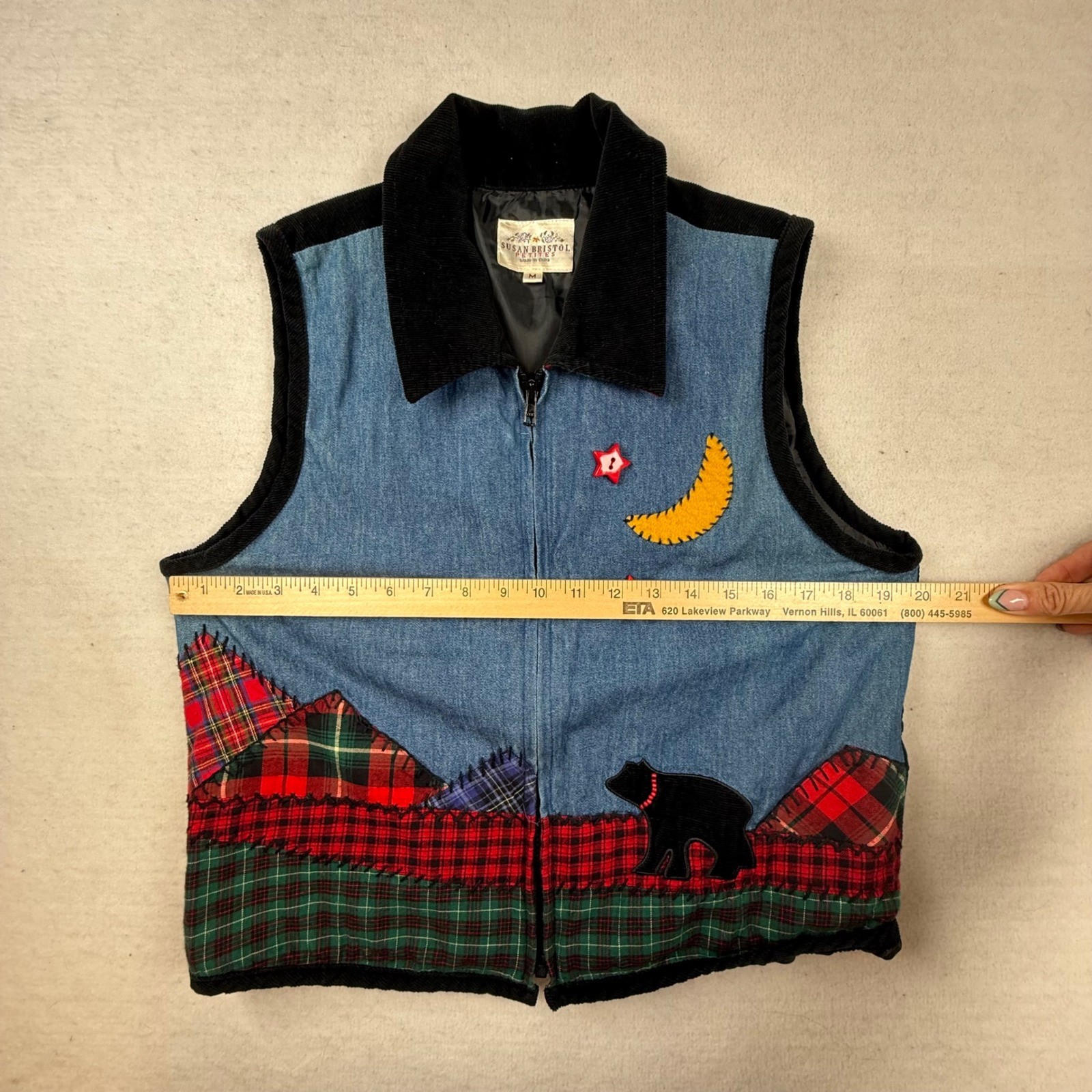 Susan Bristol Petites Patchwork Bear Moon Vest Womens M cabin folk art grandma