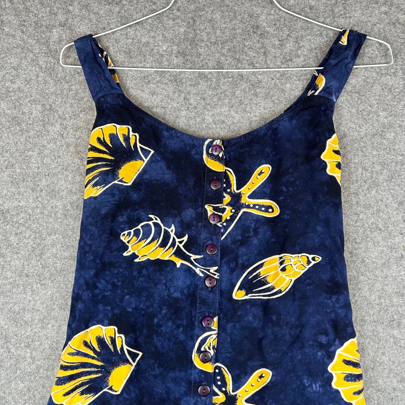 EUC VTG 24 Karat Navy Blue Shell Coastal Beach Batik Fringed Rayon Mini Dress OS