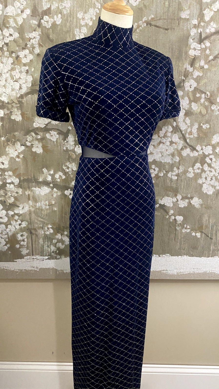 VTG Navy Blue Black Glitter NIGHT WAY Cut Outs Bodycon Disco Y2K Maxi Dress 6