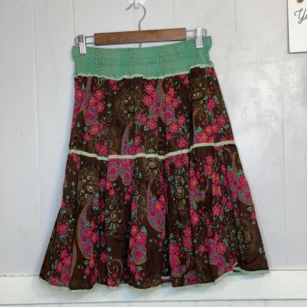 Vintage pink, brown and green cotton skirt karma, living skirt