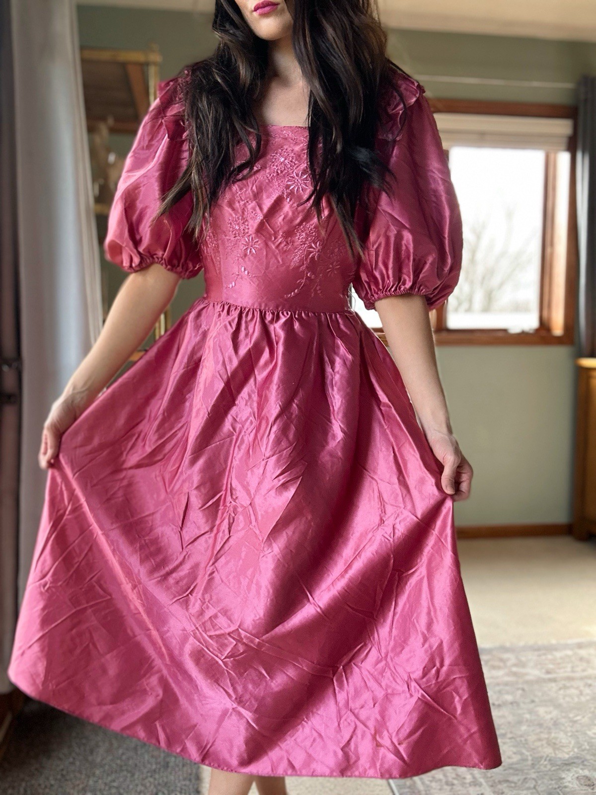 Vintage Prom Dress 1980s Mauve Satin Puff Princess Eyelet Lace