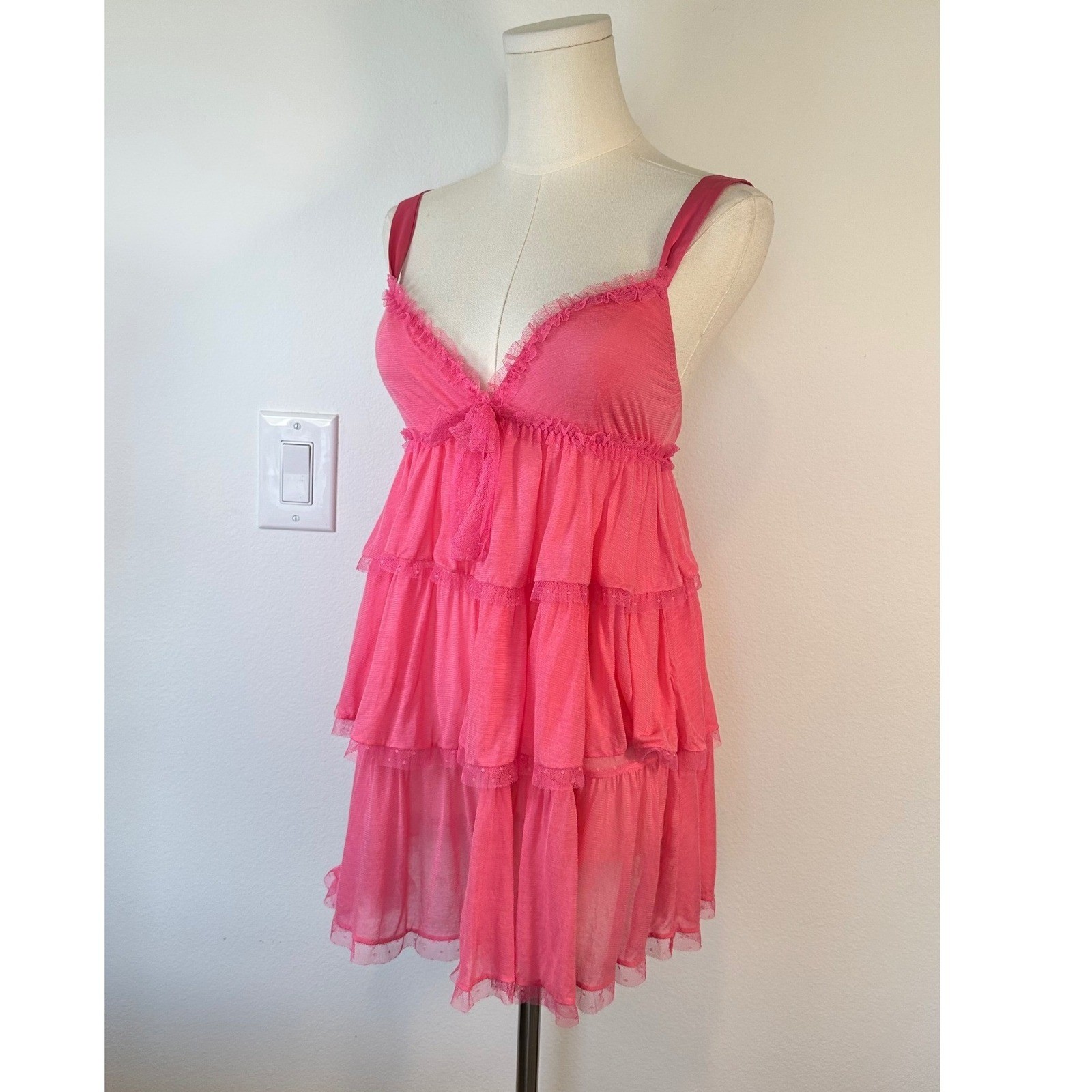 Y2K Victoria&rsquo;s Secret Sheer Trim Slip Tiered Babydoll Top Coquette Medium Pink