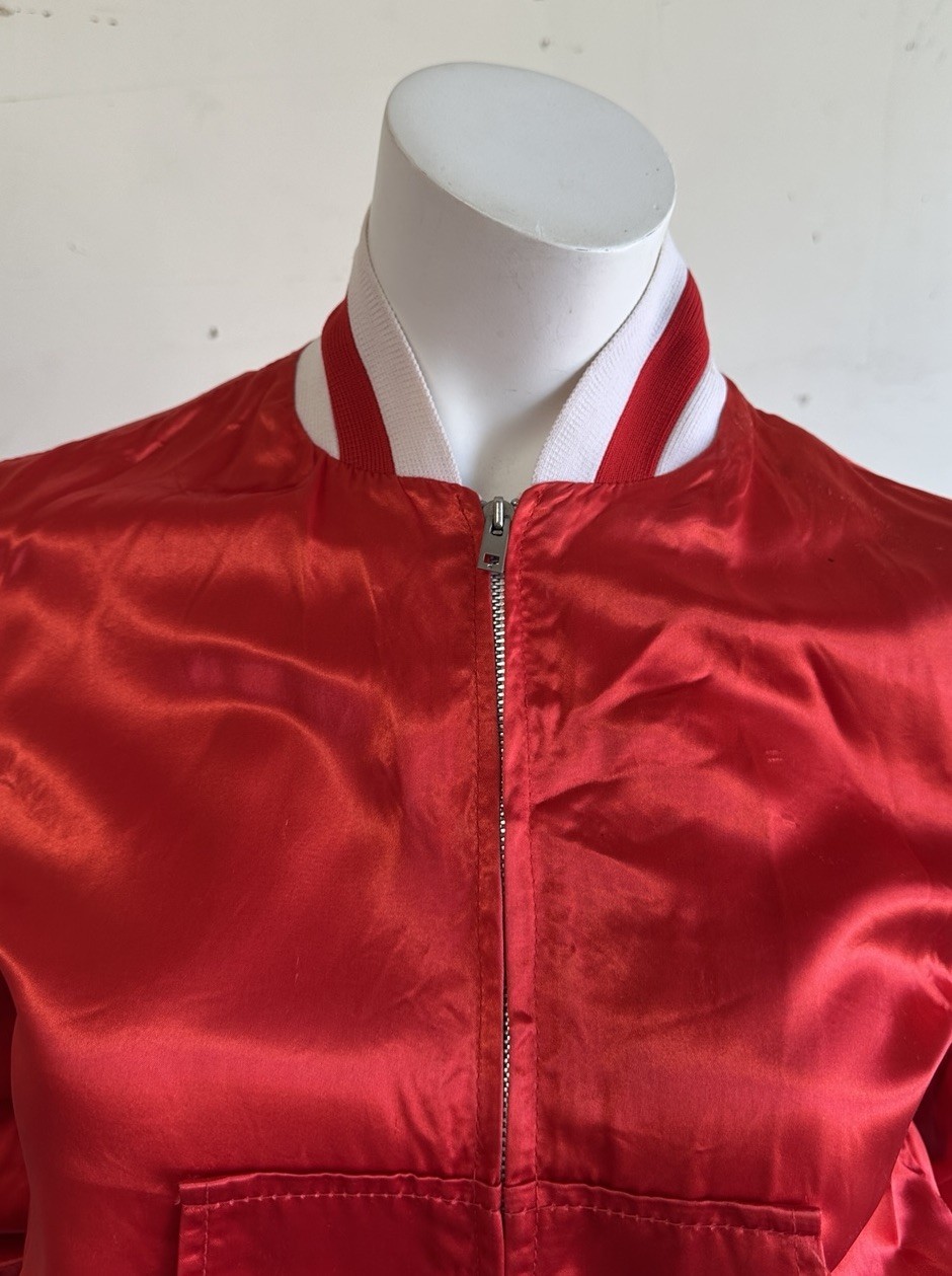 Vintage 70s Red Satin Bomber Jacket Roller Girl Farrah Fawcett Disco 1970s