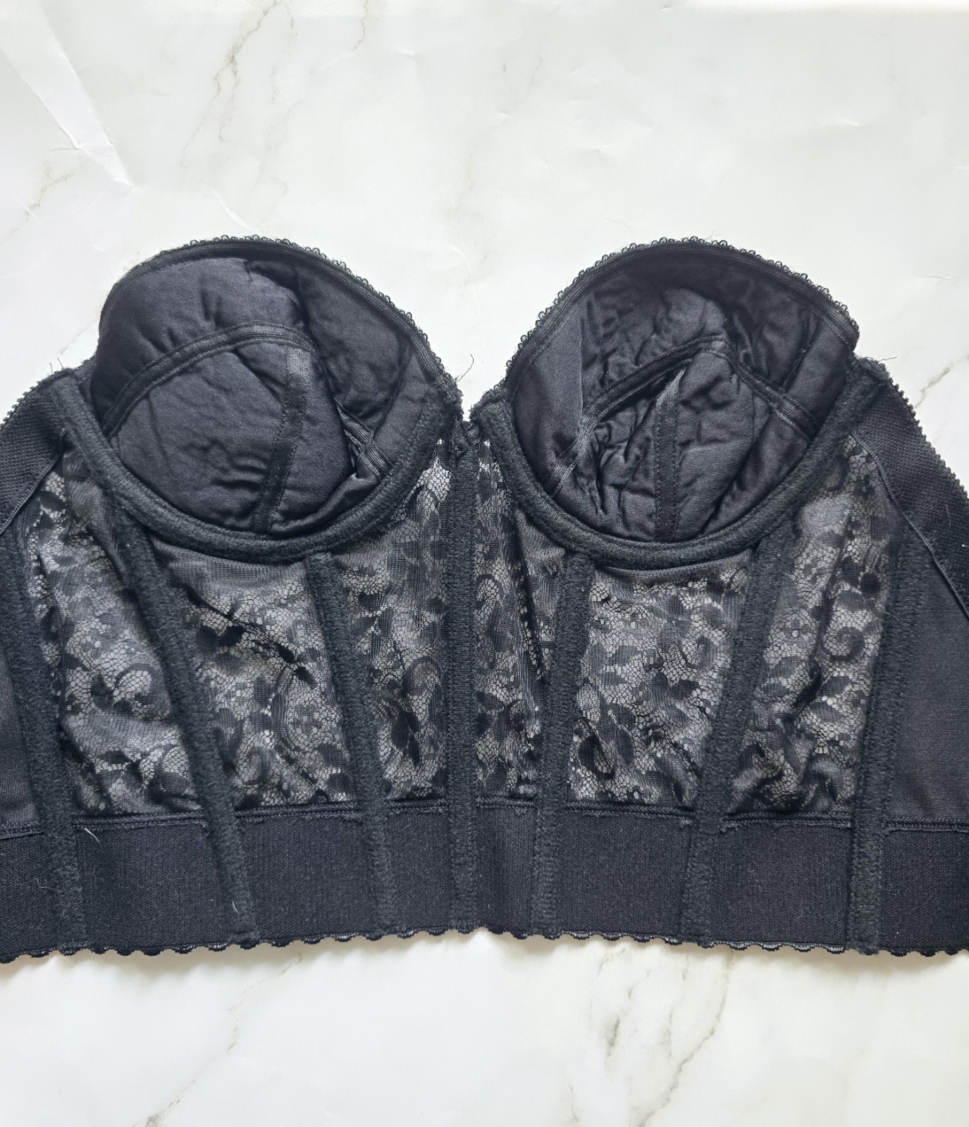 Sears Black Lace Vintage Bustier Longline Pinup Underwire Strapless Bra 36C