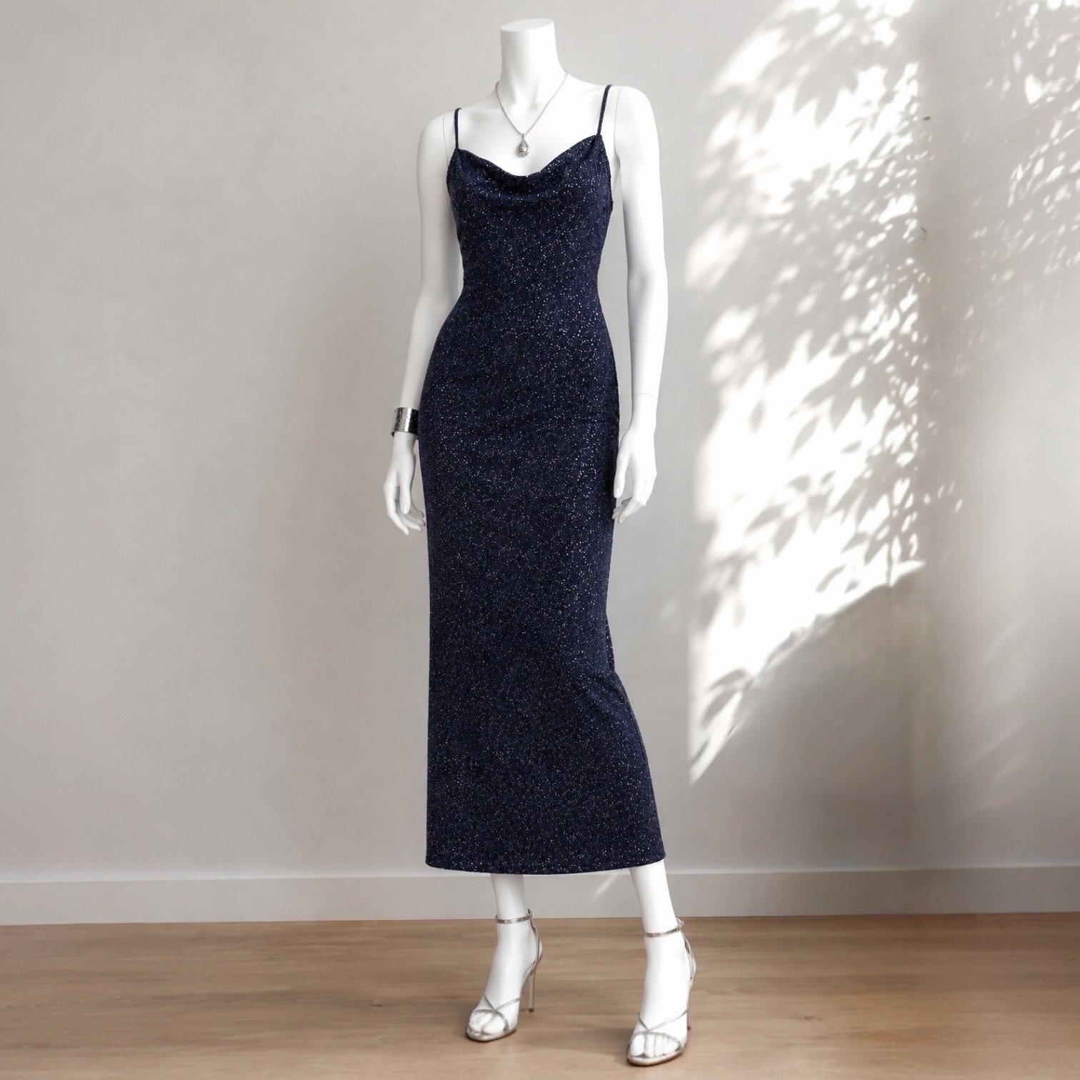Vintage 90s Evening Dress Jodi Kristopher Navy Glitter Sparkle Maxi Slip XS / S