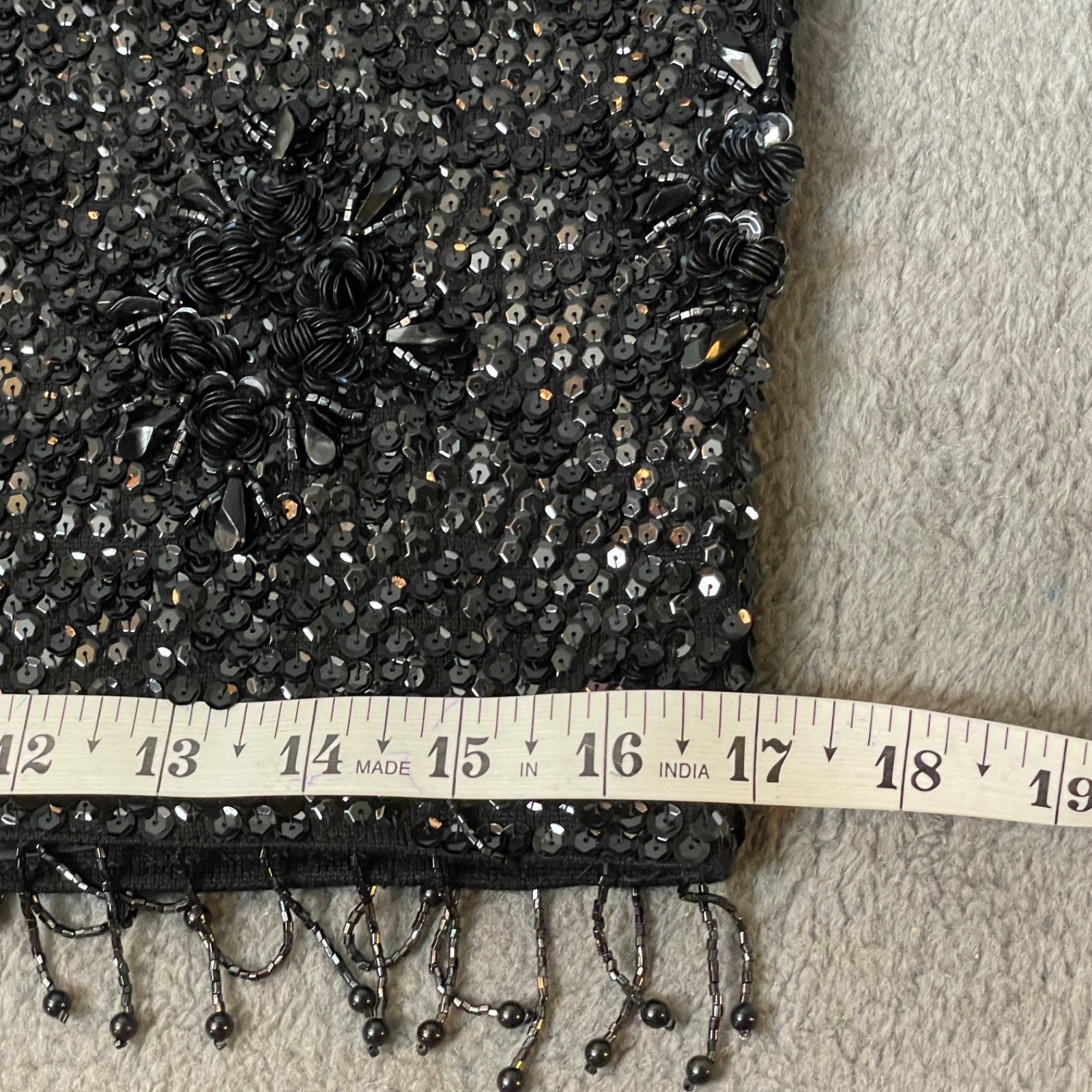 Vintage Black Sequin Beaded Fringe Tank Top Meduim Wool Evening Elegant 60s VTG