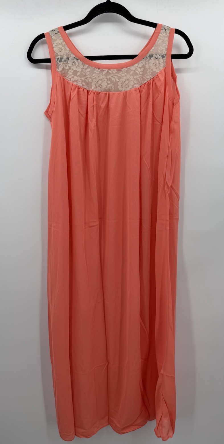 Vintage NOS Nightgown Medium Romantic Full Length Peach Nylon Ivory Lace