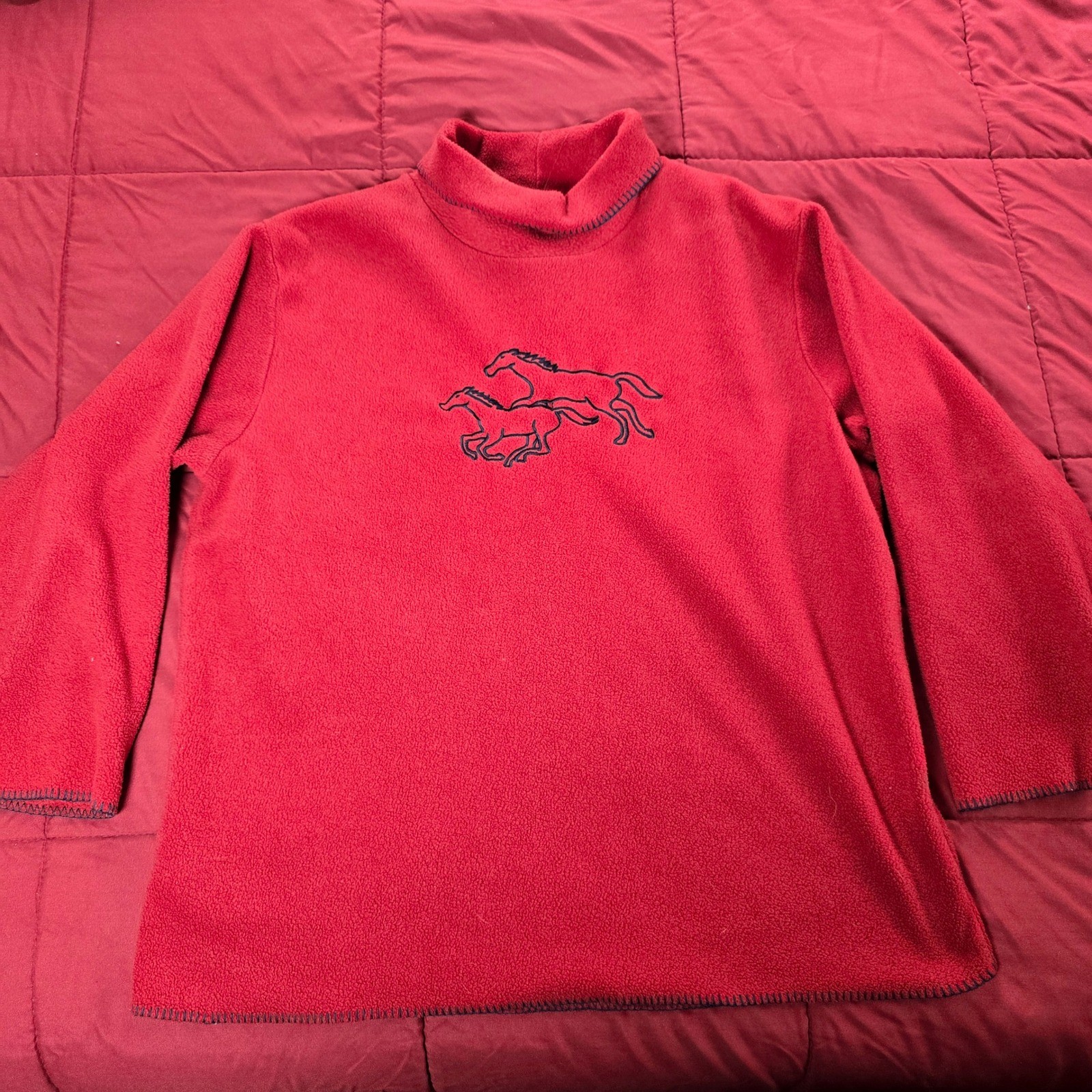 Vtg Christopher & Banks XL Pullover 1/2 turtleneck fleece sweatshirt Red Horses