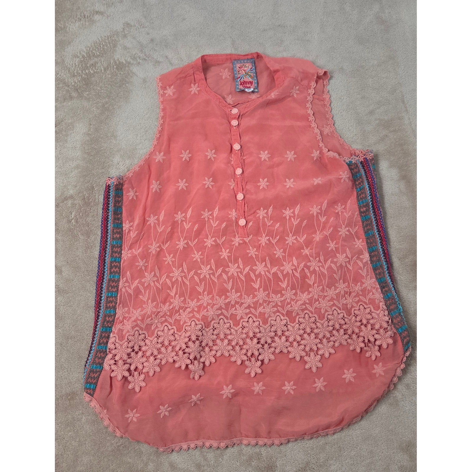 Johnny Was Turia Eyelet Tank Top Women&rsquo;s Blouse Medium Salmon Floral AOP EUC