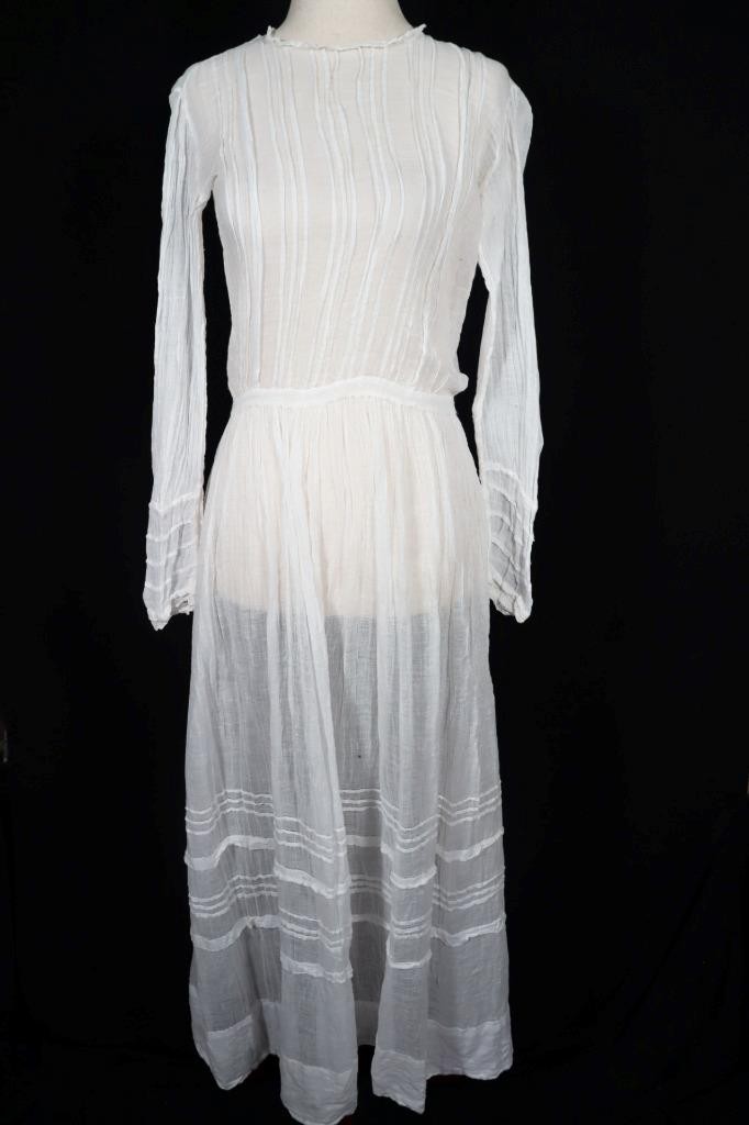 Antique Edwardian Long French White Cotton Gauze Lawn Dress Size 6-8 Exc Cond