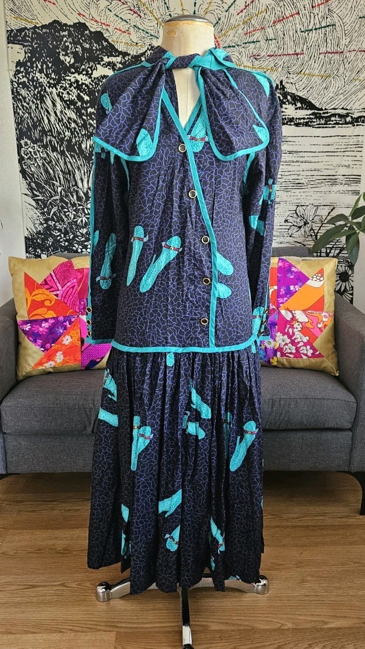 1980&rsquo;s Jeanne Marc Vintage Flap Over Front Charleston Waist Dress Size 4-6