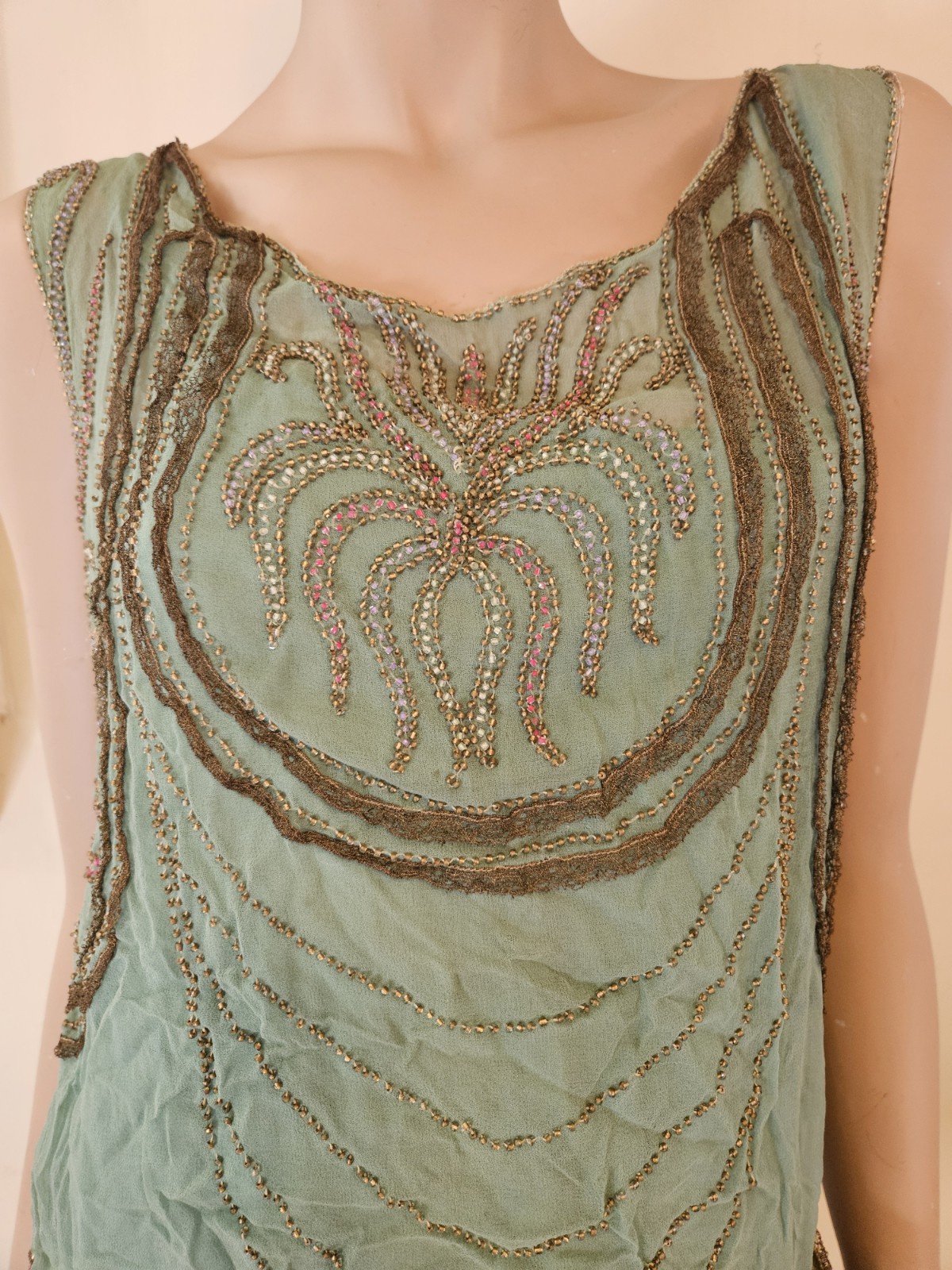 Antique 1920s French Beaded Flapper Dress Gold Lace Vintage Art Deco Bust 36