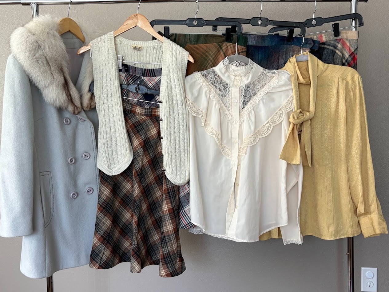 VTG 1960&rsquo;s-70&rsquo;s CLOTHING LOT Wool Fur coat skirts and tops