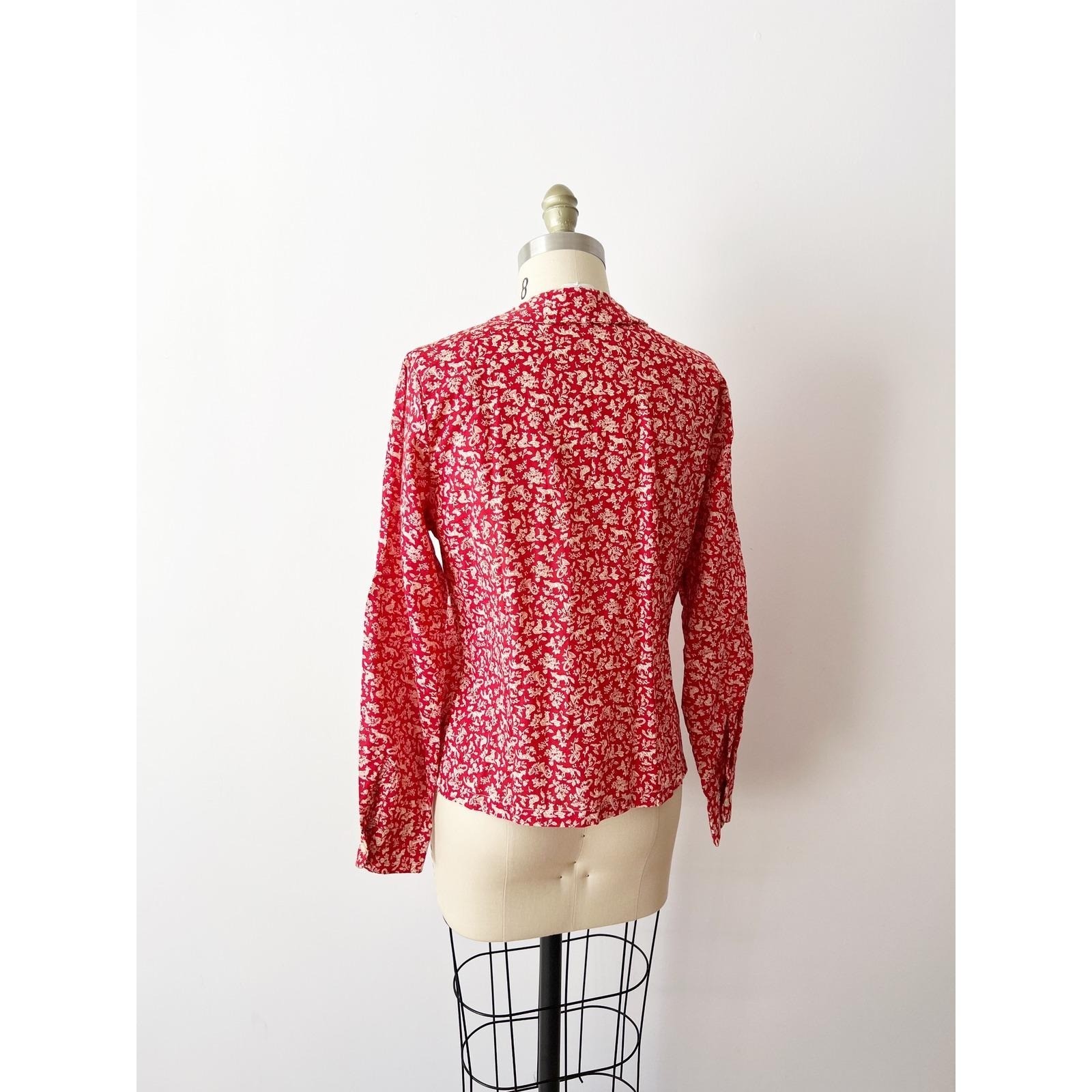 SIZE S Fox Print Toile Blouse, Pintuck Peter Pan Collar Long Sleeve Cotton Shirt