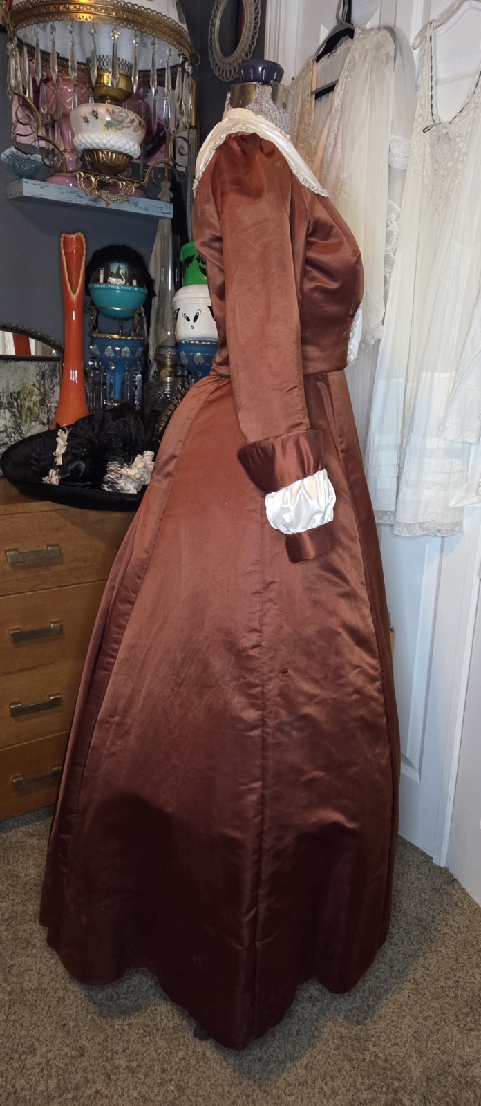 Victorian Copper Silk Blend Walking Suit w/ Ivory Taffeta Inserts & Pearl Trim
