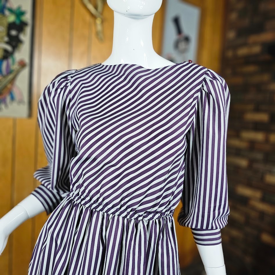 Vintage 80s Contrast Stripe Puff Balloon Sleeve Secretary Office Day Dress XS/S