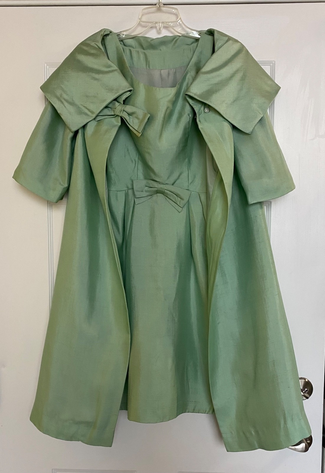 Vintage Mardi Gras of New York Silk Dress & Swing Jacket Set XS Mint Green As Is