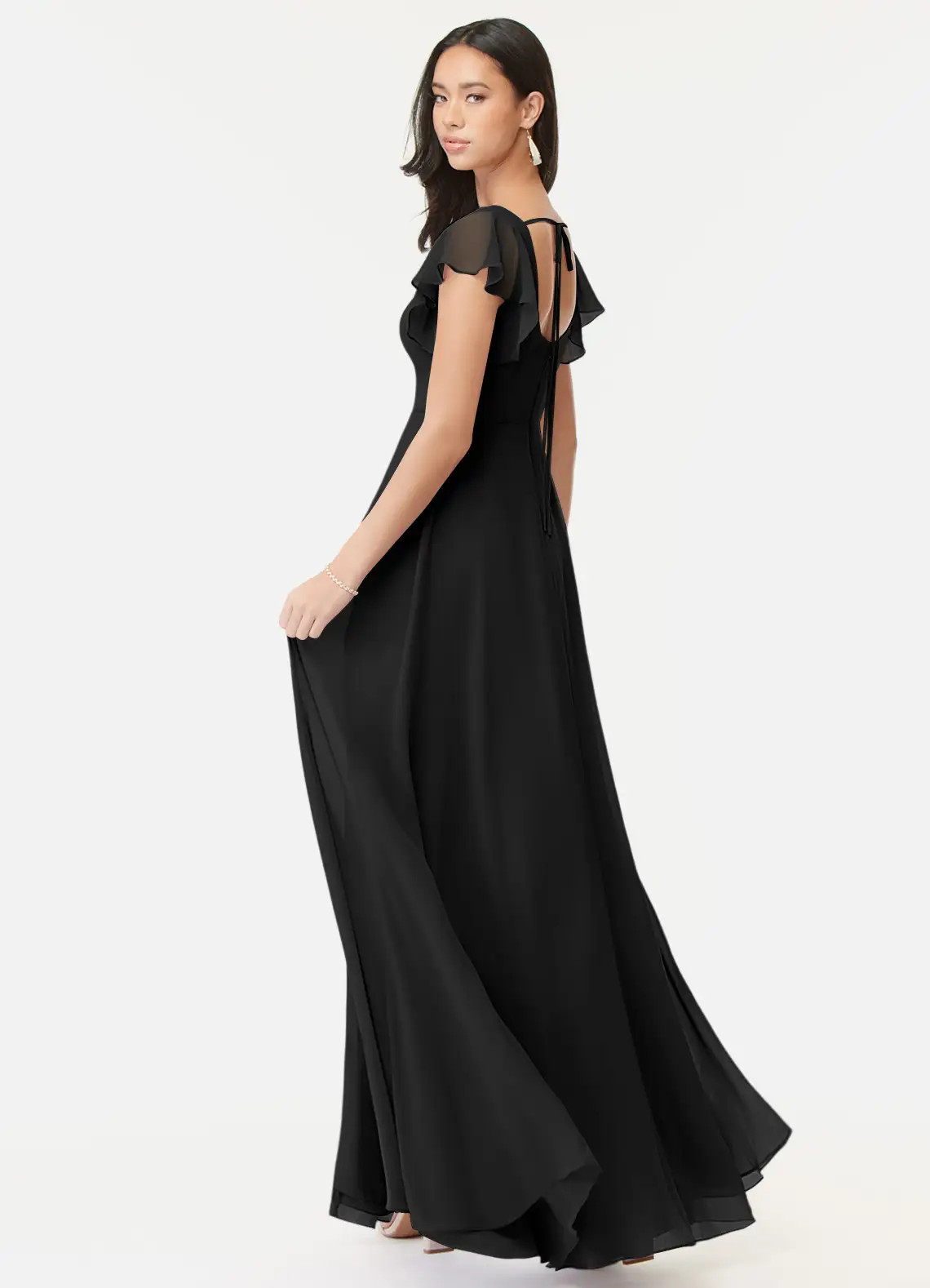Azazie – Black A-Line Ruffled Chiffon Dress – All Size – Hot- FreeShip