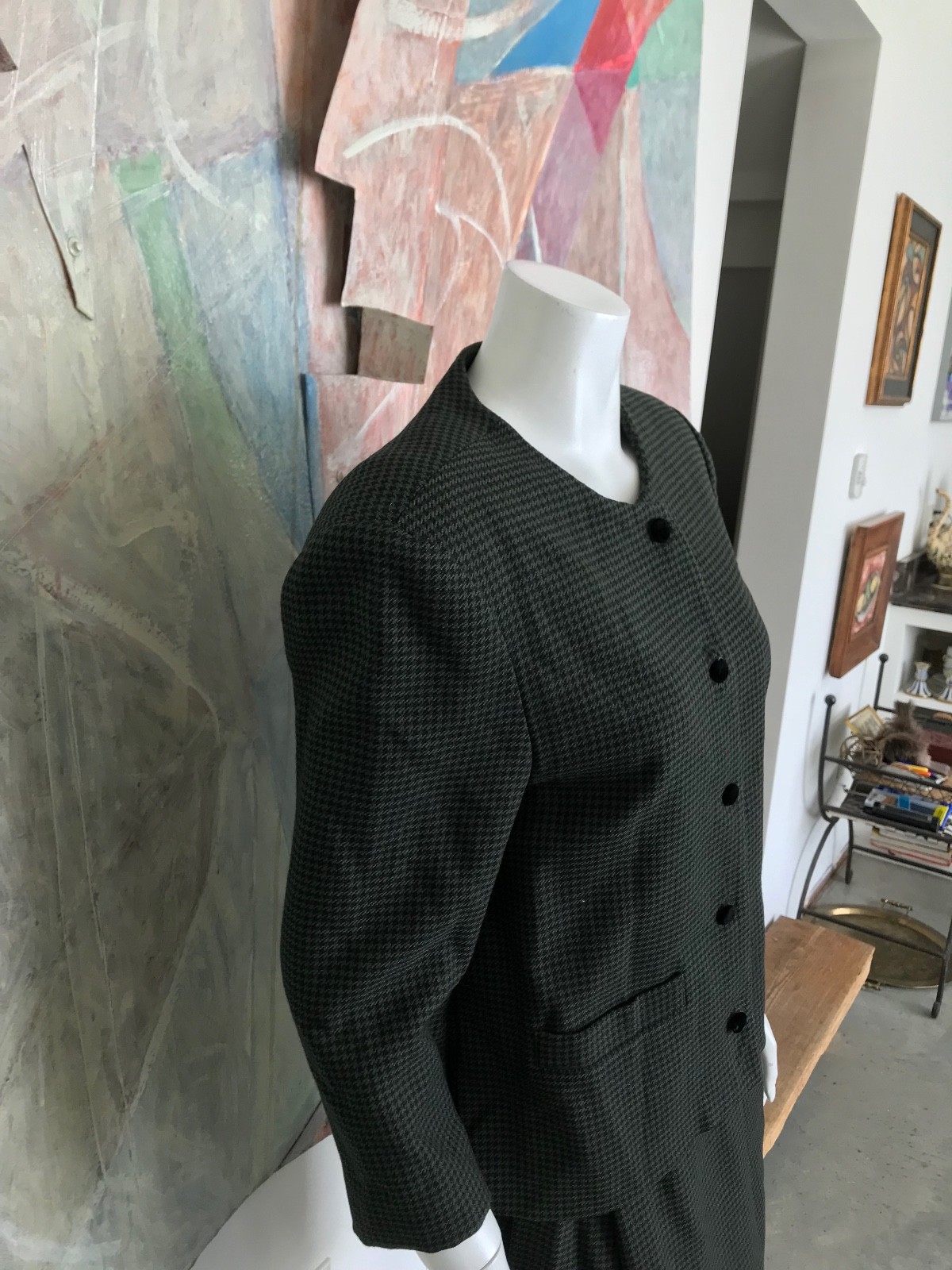 Sylvia Heisel Wool Herringbone Skirt Suit Dress Green Modern Small