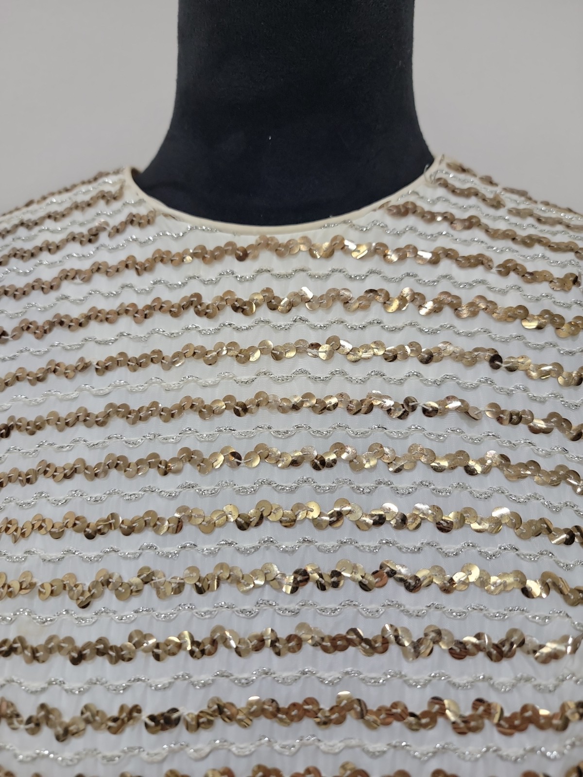 VTG Jr Theme Ivory Gold Sequin Shift Dress Mod Cocktail Party Mini Sz