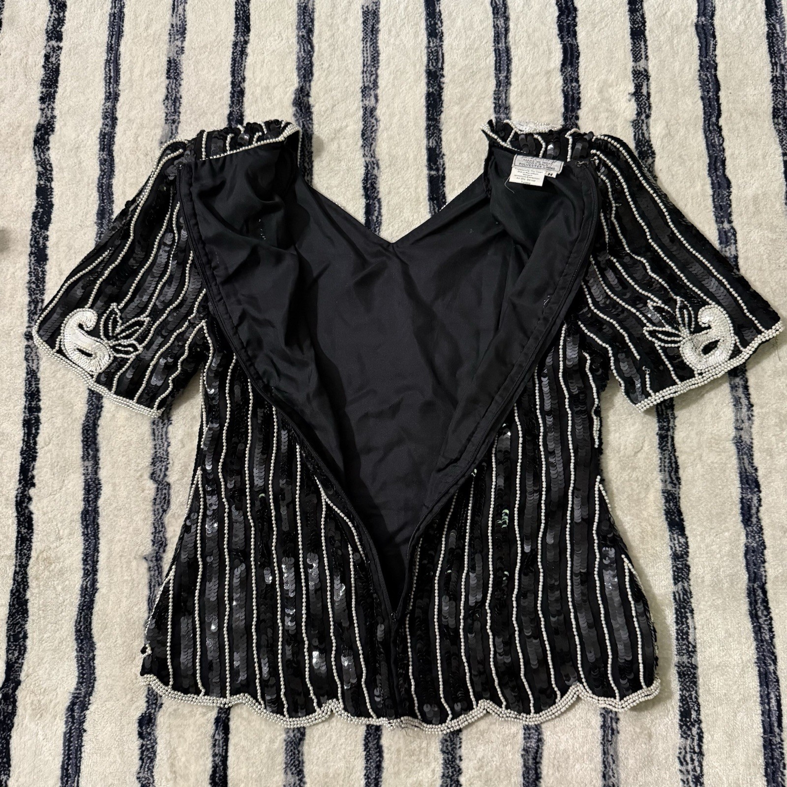 Vintage Stenay Black and White Sequin Evening Blouse Top with Bead Trim | Size M